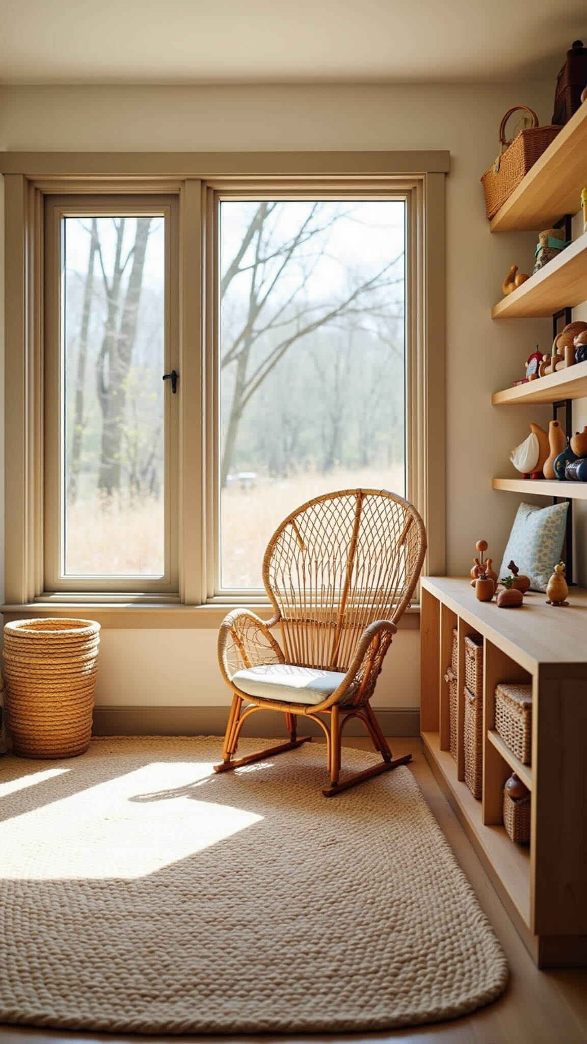 Child-sized playroom with rattan peacock chair by sunlit floor-to-ceiling windows, warm jute rug, bamboo shelves holding wooden toys and woven baskets, viewed from child's eye level.