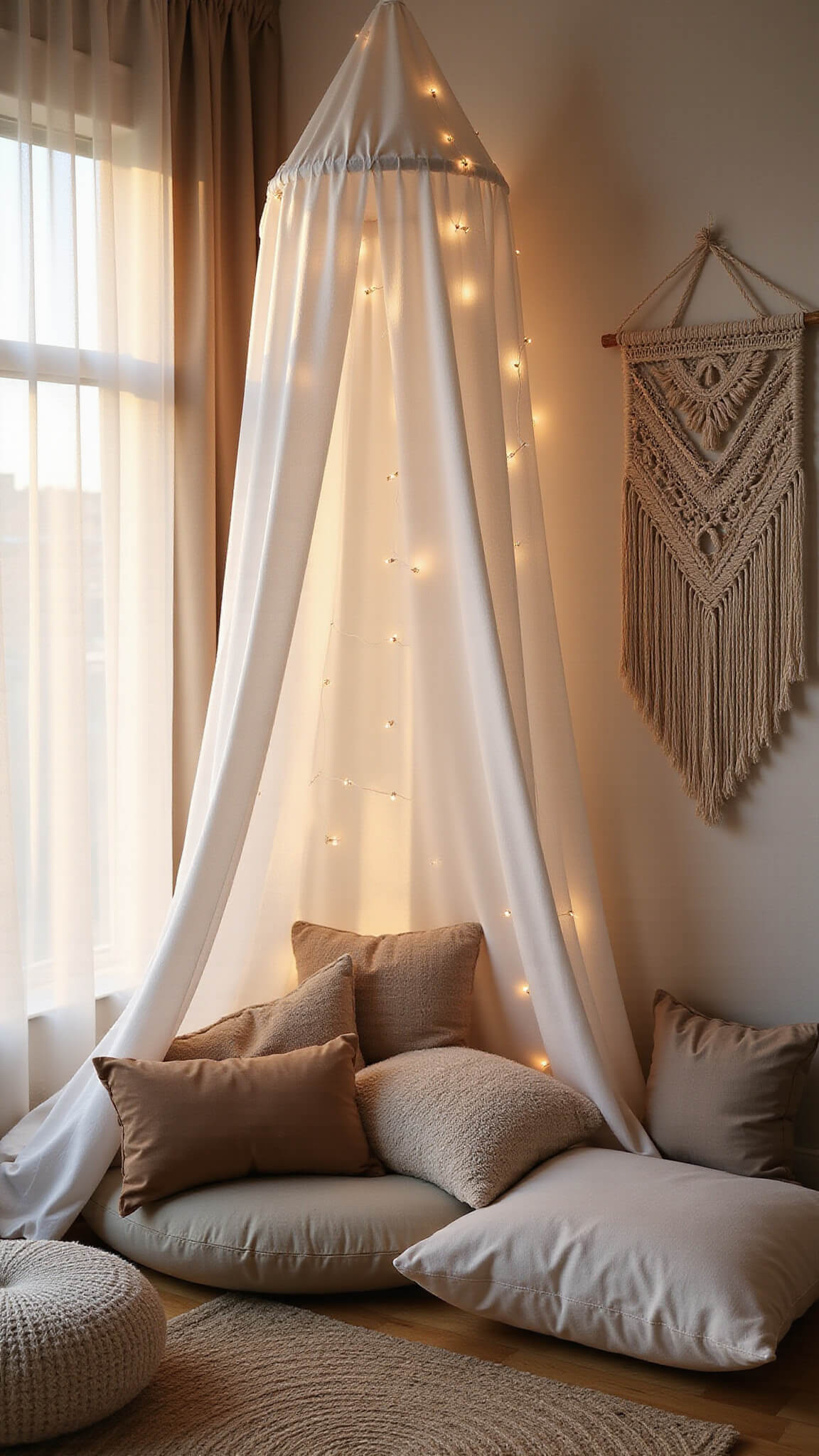 Cozy corner nook with white cotton canopy, warm string lights, earth-toned floor cushions, and macramé wall hanging bathed in golden hour light.