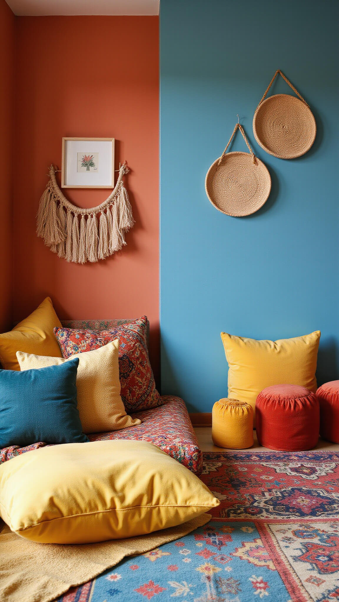 Wide-angle view of a vibrant 20x15ft playroom with terracotta reading corner, oceanic blue quiet zone, marigold yellow activity area, layered Moroccan rugs, velvet poufs, woven wall hangings, and warm natural and ambient lighting.