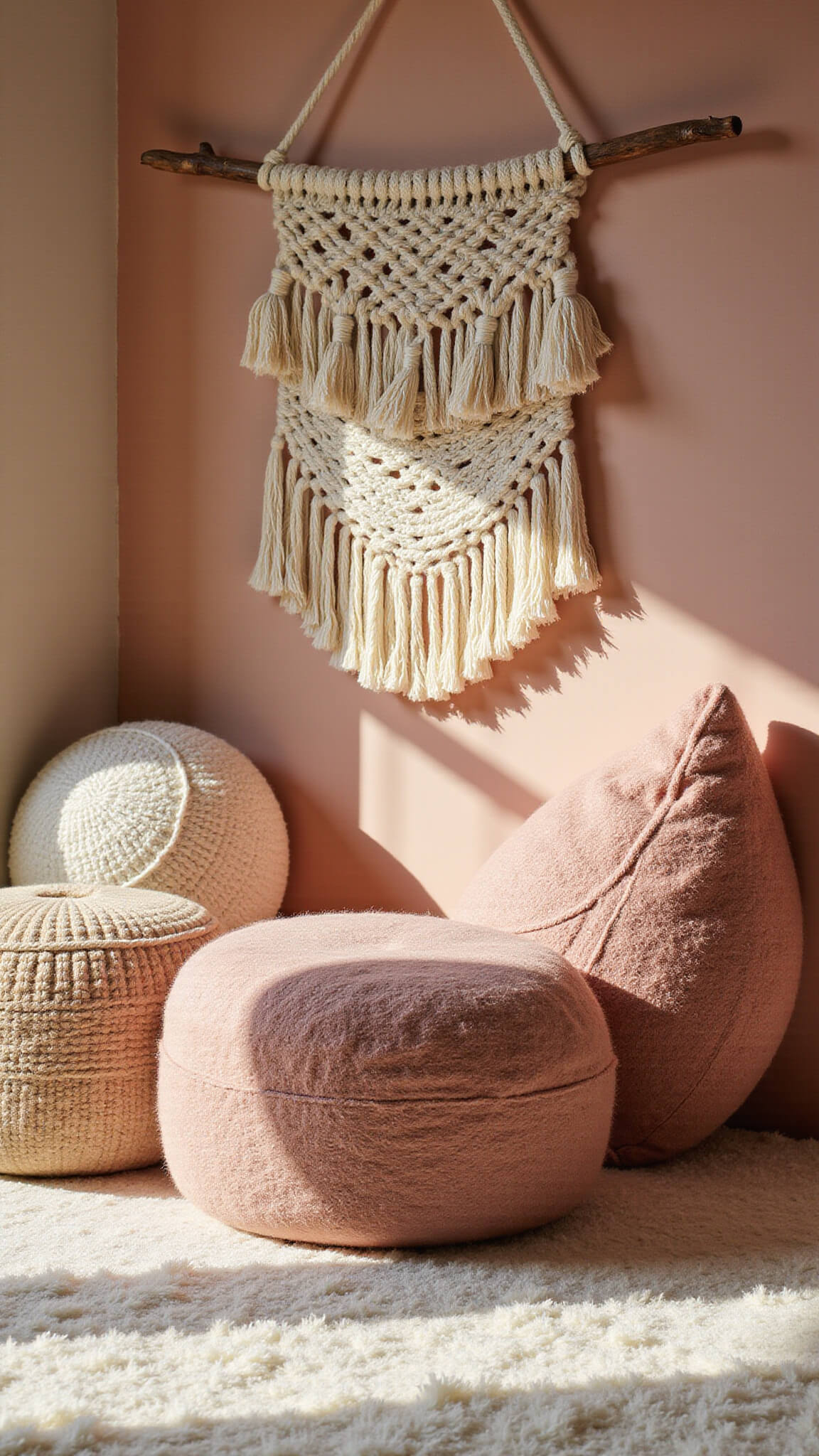 Low-angle view of a cozy play space with a cream Moroccan rug, dusty rose knit poufs, and a large macramé wall hanging, all bathed in warm golden hour light.