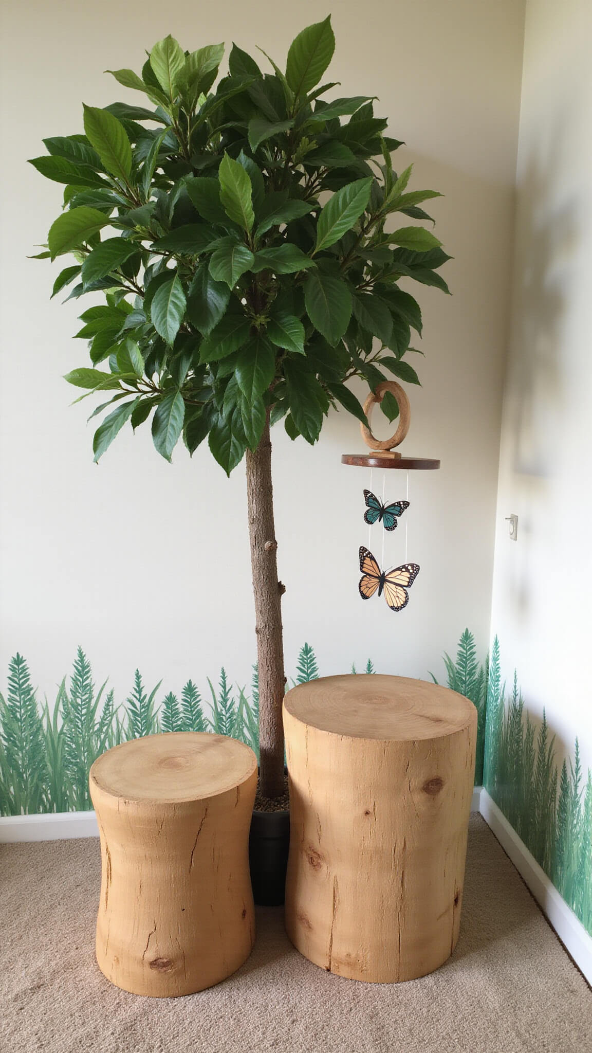 Nature-inspired play area with faux fiddle leaf fig tree, wooden stump tables, paper butterfly mobile, sage green botanical wall decals, and dappled morning light.