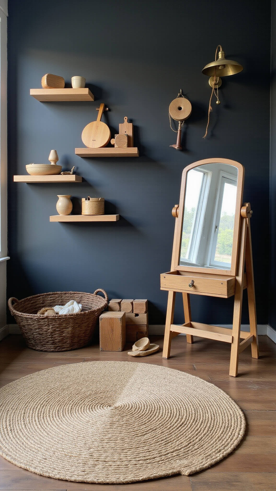 Interactive kids’ play corner with charcoal chalkboard wall, wooden instruments on shelves, brass-framed mirror, building blocks on round jute rug, in warm afternoon light.