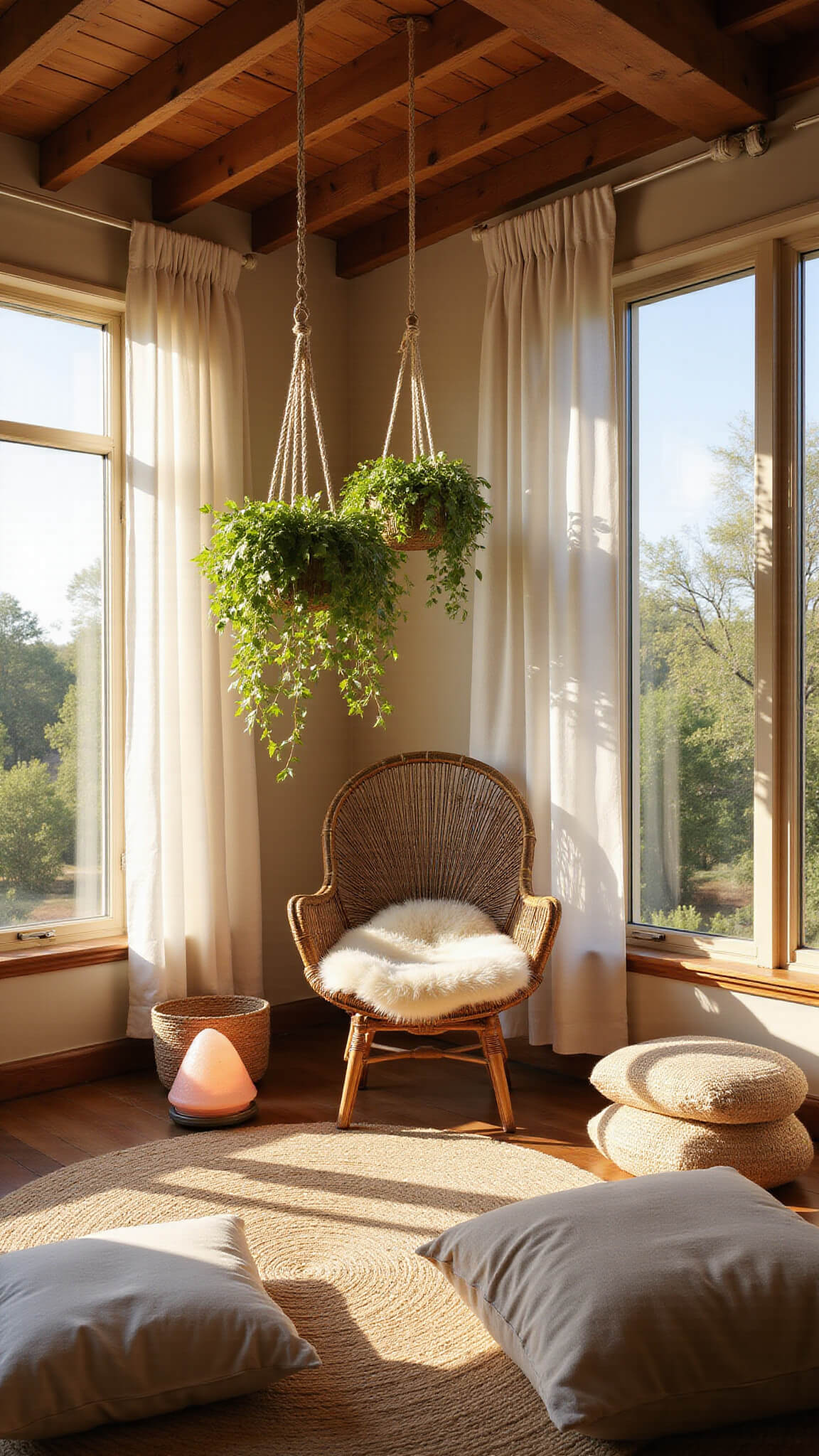 Sunlit meditation nook with vintage peacock chair, sheepskin throw, sheer-curtained windows, trailing plants, floor cushions, and warm ambient lighting.