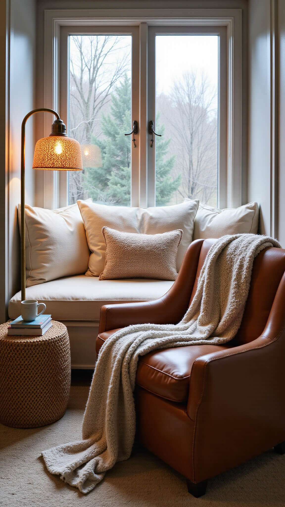 Cozy blue hour reading nook with bay window seat, leather armchair, knit throw, rattan lamp, brass side table, and warm ambient lighting.