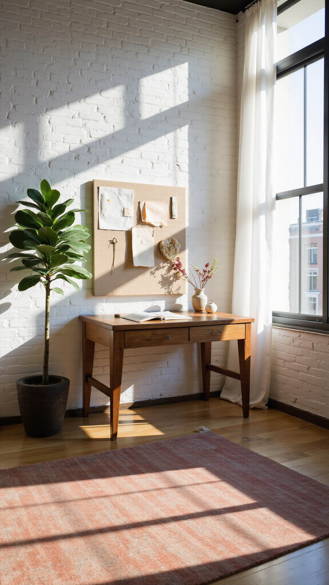 Serene creative workspace with reclaimed wood desk, fiddle leaf fig, vintage kilim rug, and morning light filtering through linen curtains.