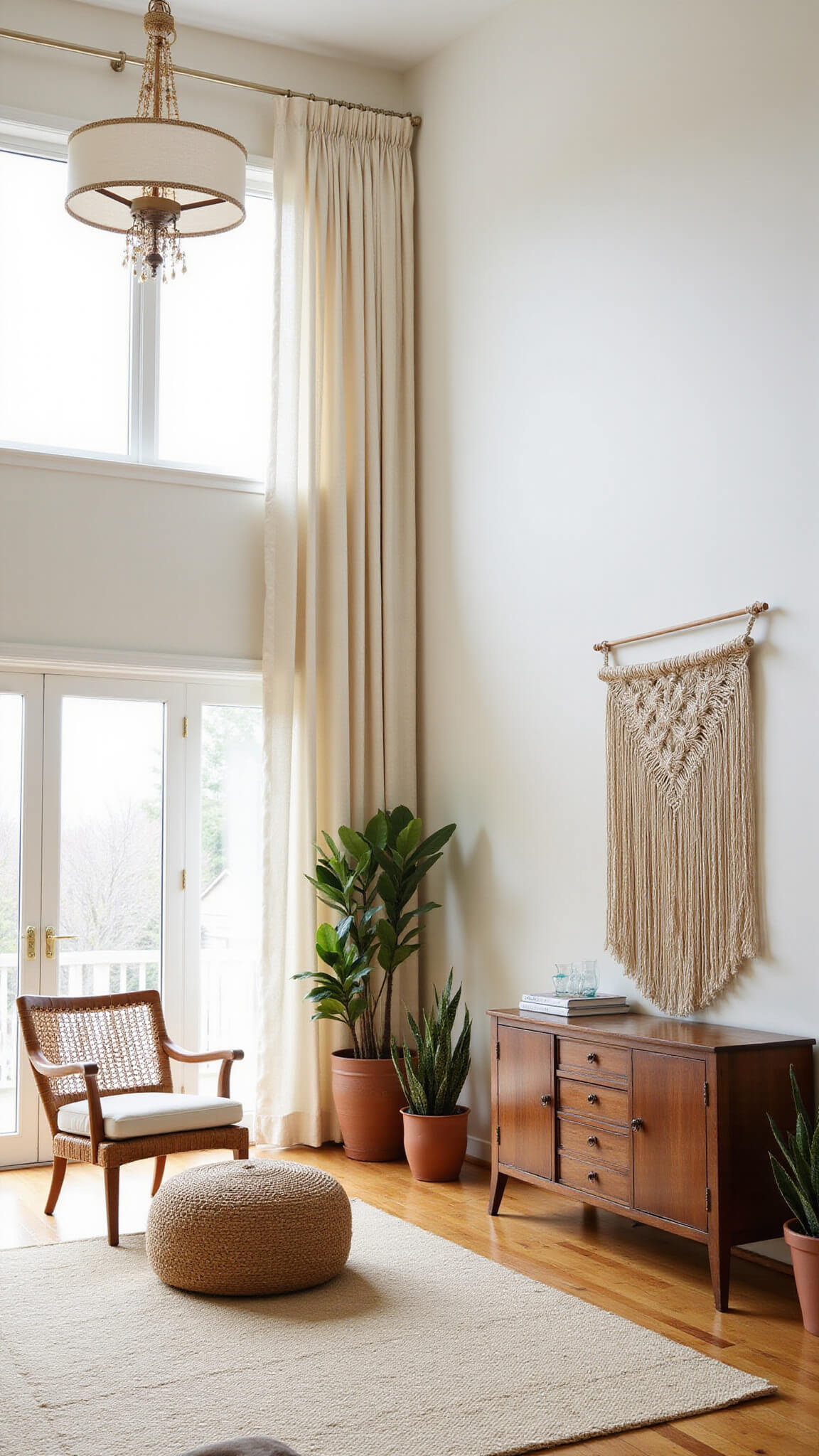 Airy living room corner with tall ceilings, rattan lounge chair, jute pouf, snake plants, and macramé wall hanging in natural light.