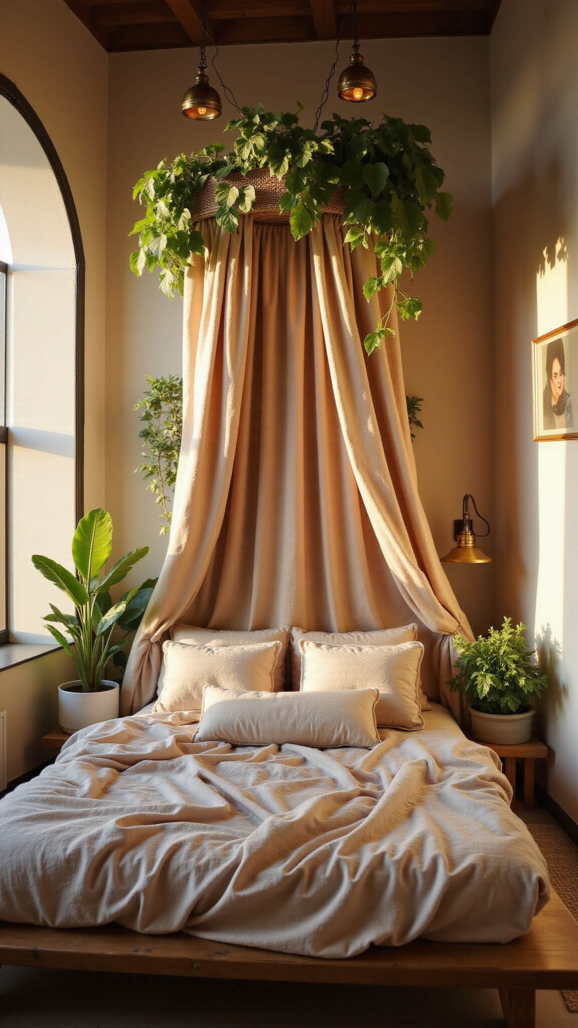 Cozy sunset-lit bedroom nook with ivory linen bedding, Moroccan wedding blanket headboard, brass pendant lights, and hanging pothos plants.