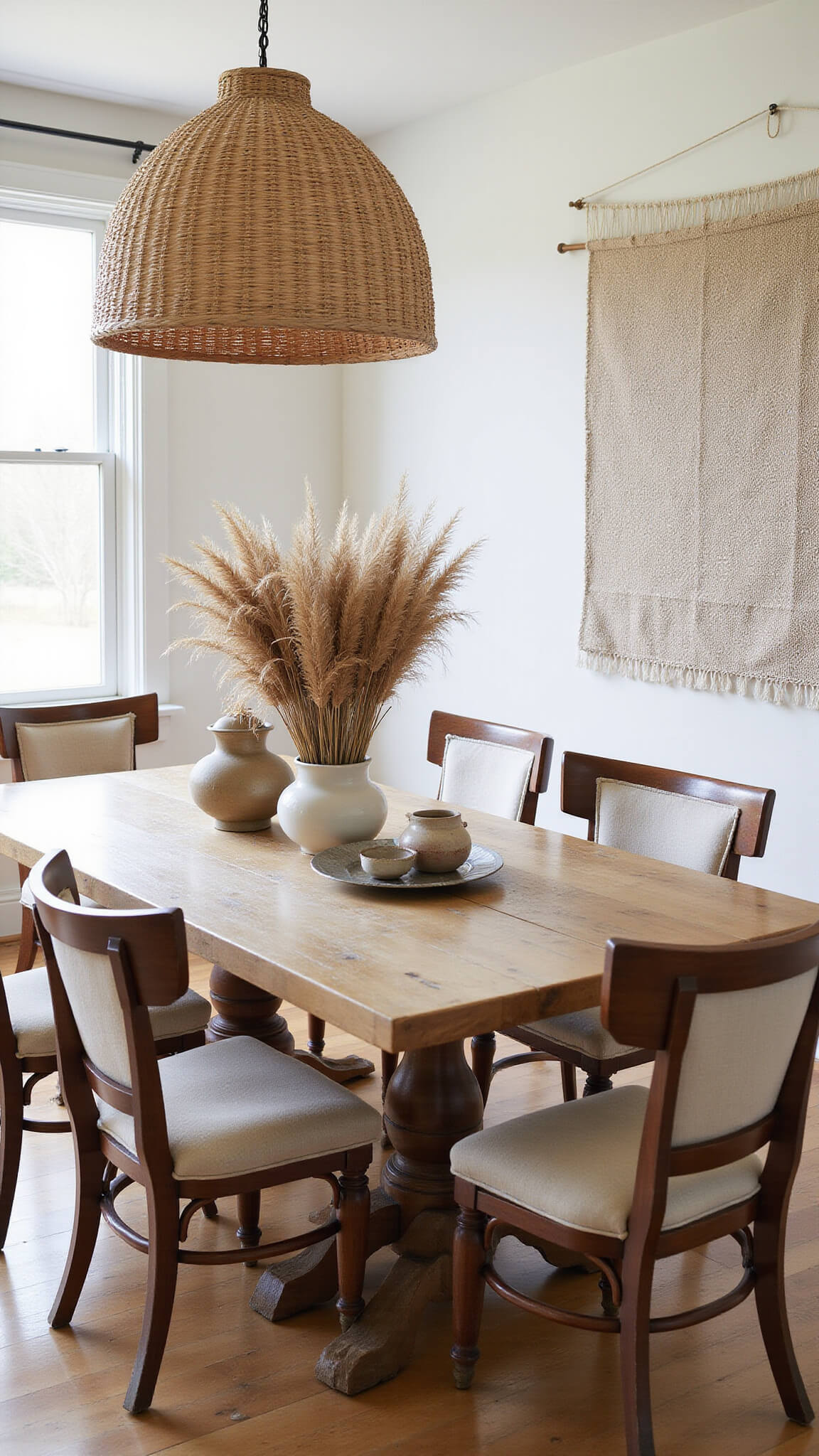 Artisanal dining room with reclaimed wood table, vintage linen chairs, rattan pendant light, ceramic vessels with pampas grass, and neutral handwoven wall tapestry.