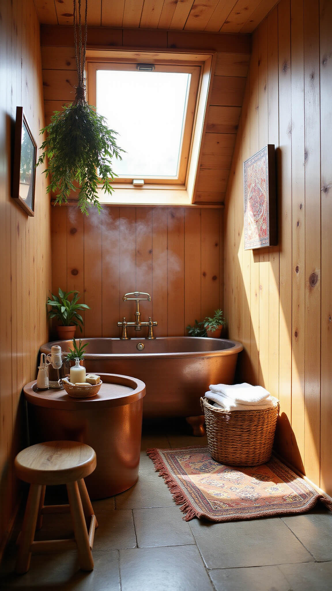 Zen bathroom with copper tub, cedar walls, skylight, eucalyptus bundles, and soft dawn light filtering through steam.