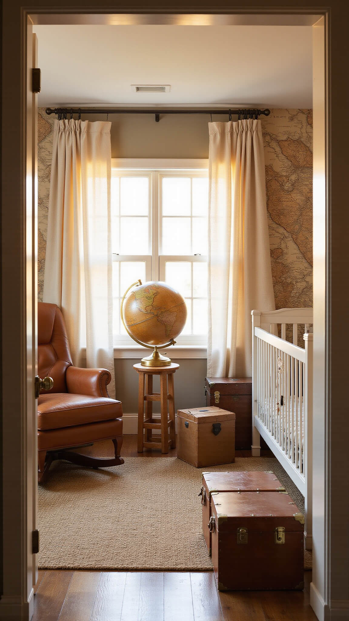 Modern explorer-themed nursery with vintage map wallpaper, leather glider, white oak crib, and antique brass globe bathed in golden hour light.