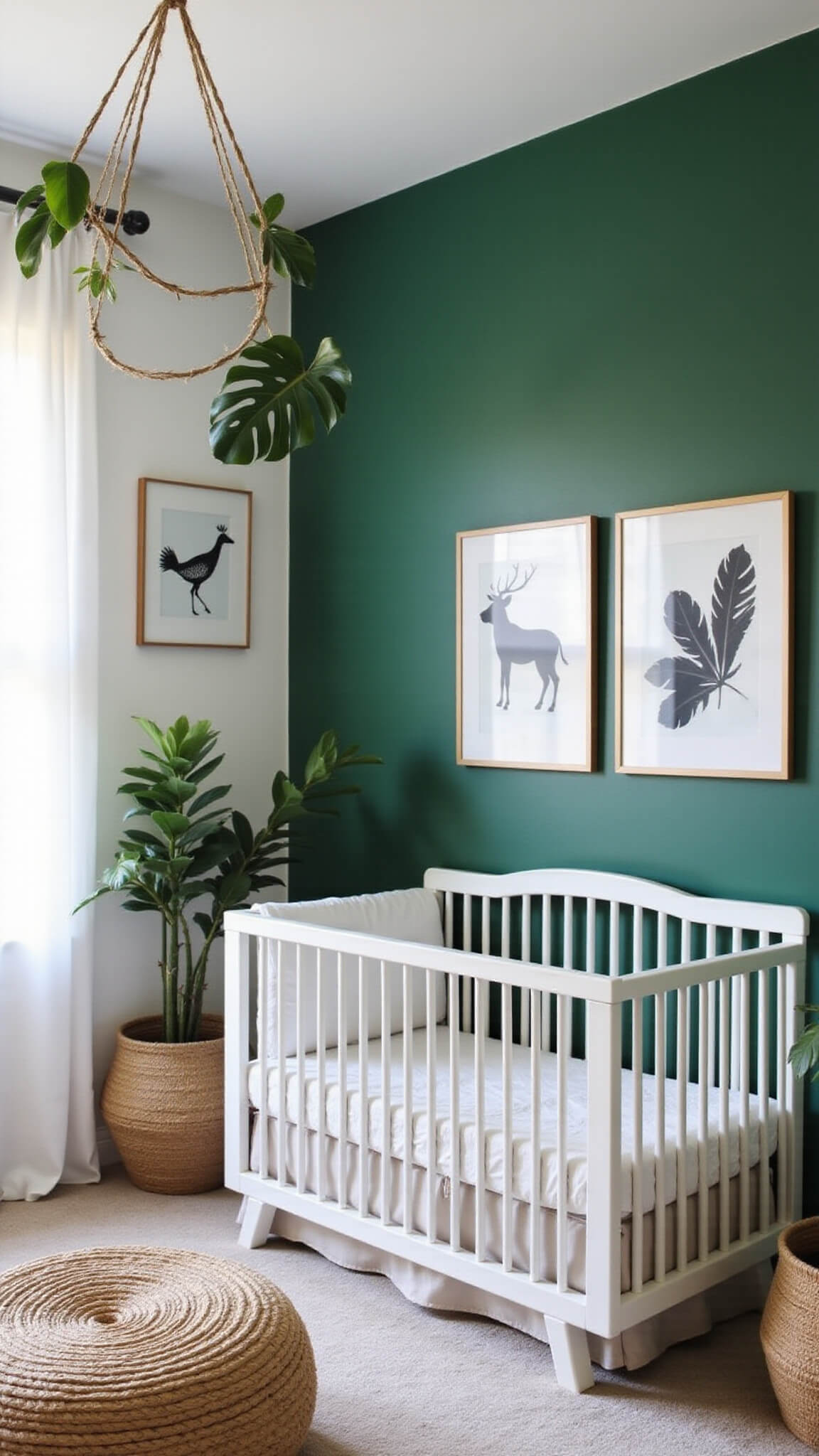 Modern jungle nursery with emerald green accent wall, white crib, botanical prints, natural textures, and morning light filtering through sheer curtains.