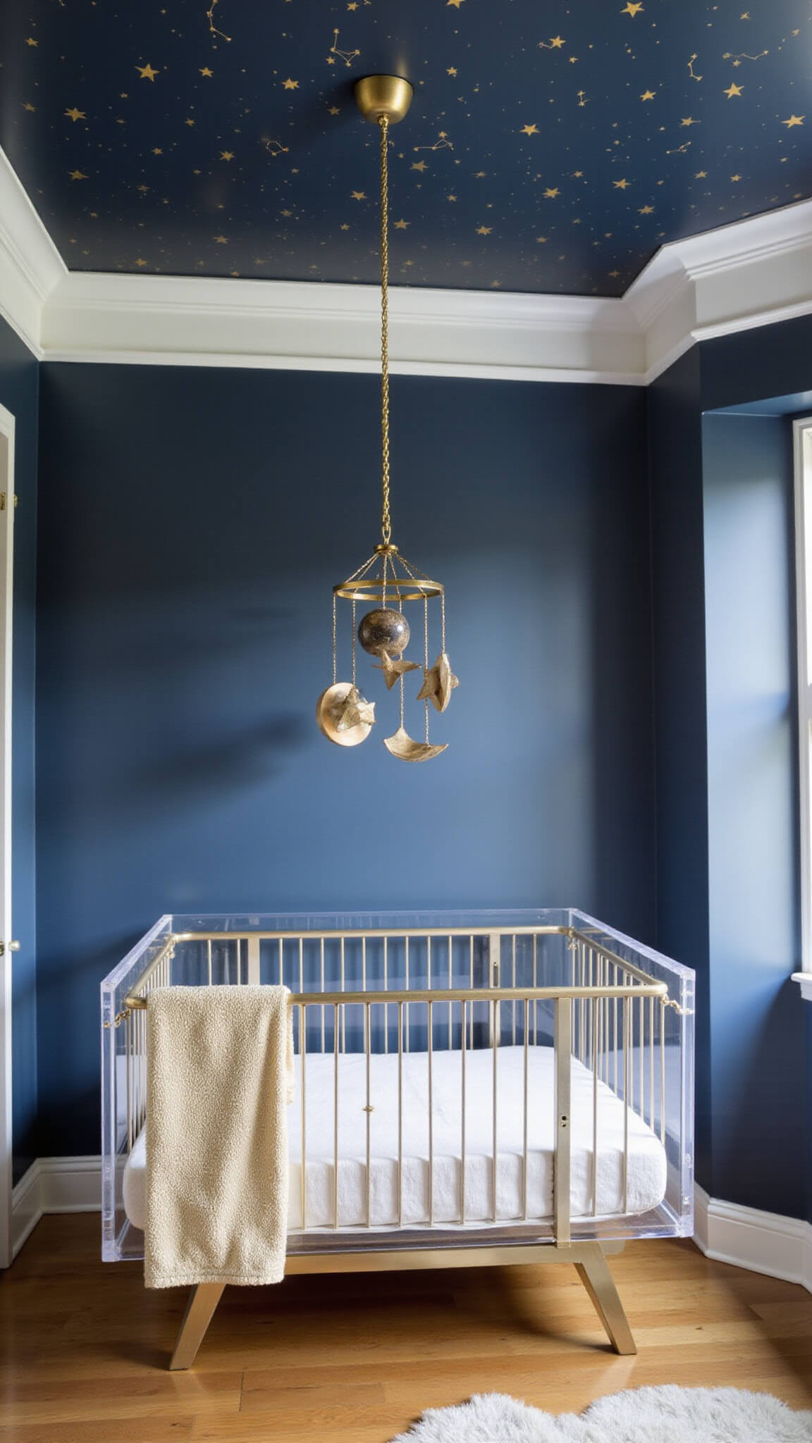 Ethereal blue-toned nursery with acrylic crib, star pendant light, and constellation ceiling decals under a 10ft ceiling.
