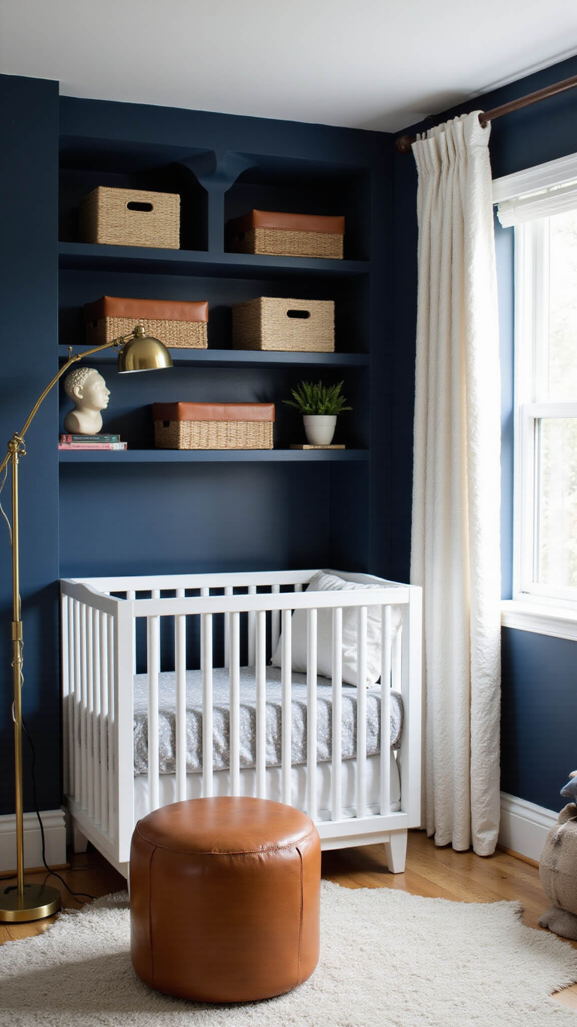Navy-walled nursery with white crib, leather ottoman, brass lamp, and built-in bookshelves in natural light.
