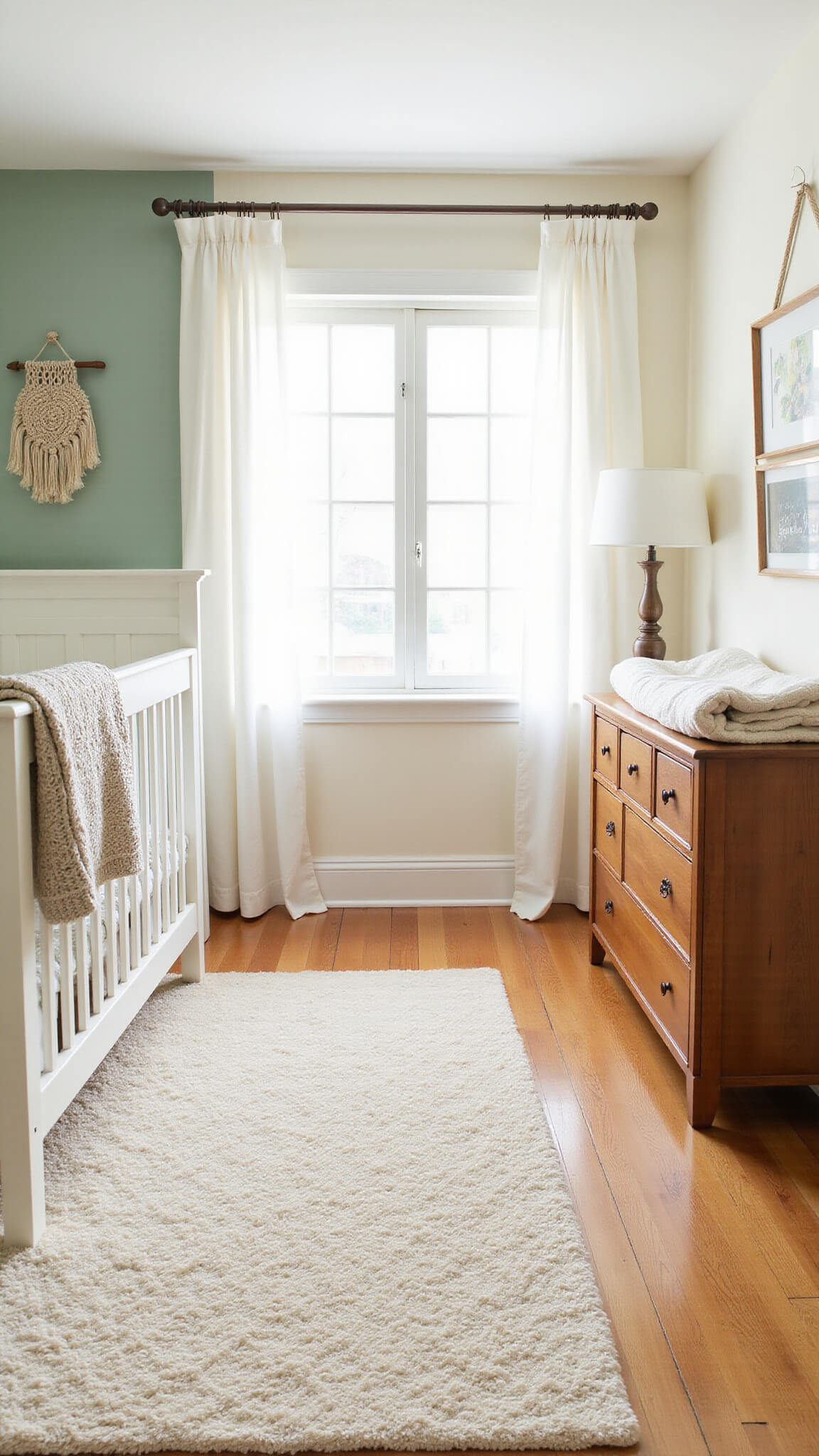 Serene nursery with sage accent wall, cream crib, warm wood dresser, plush rug, and layered textures in soft natural light.