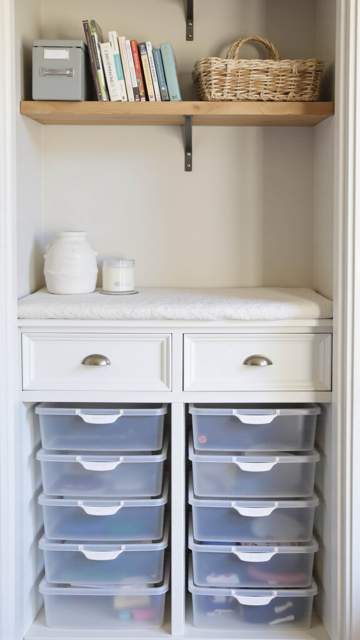 Close-up of nursery storage with clear acrylic bins, under-crib drawers, and white oak book ledges in morning light.