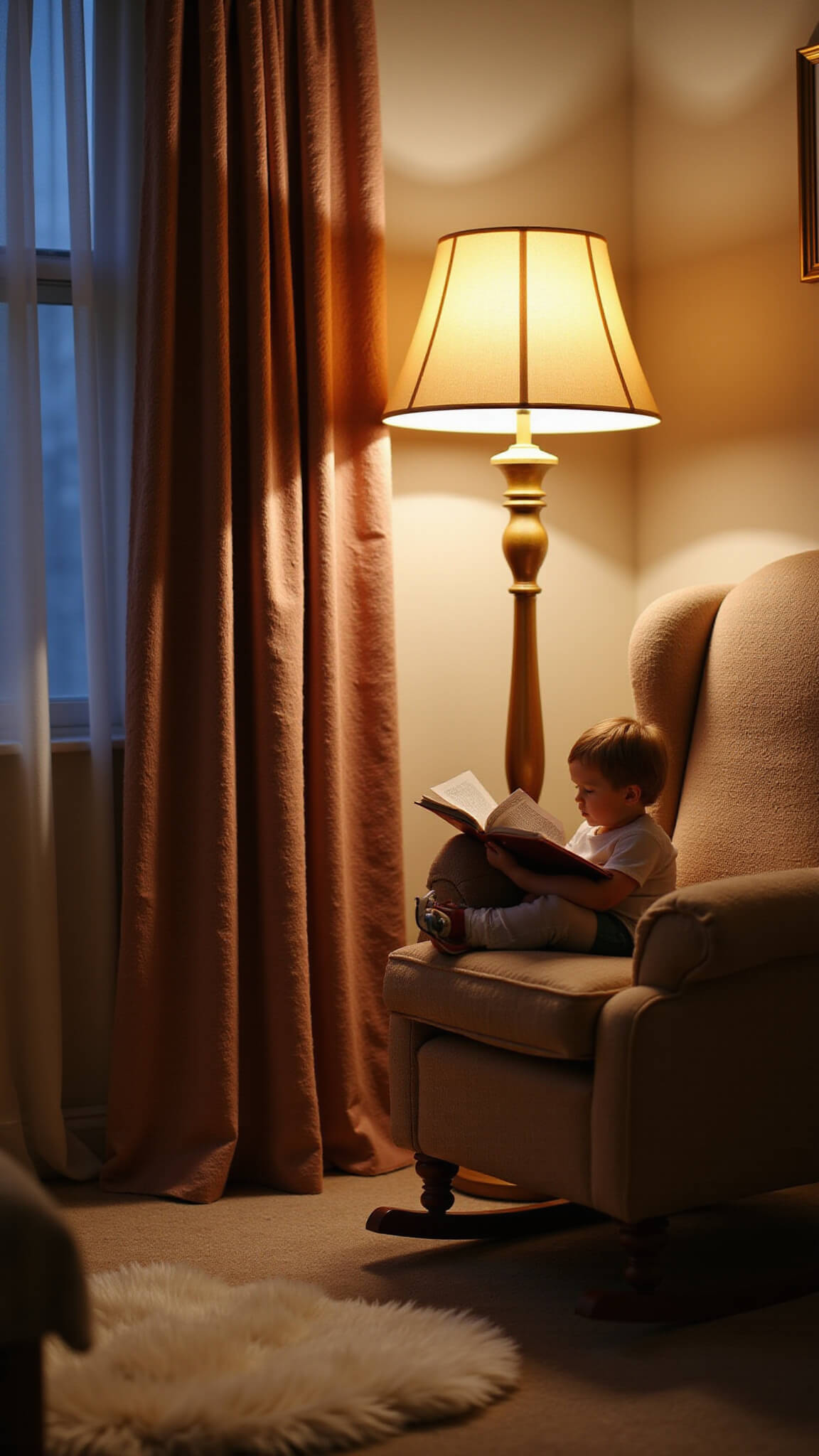 Cozy nursery reading nook with glider chair, velvet curtains, sheepskin rug, and warm layered lighting from table lamp, overhead light, and LED accents, seen from child’s eye level with soft bokeh effect.