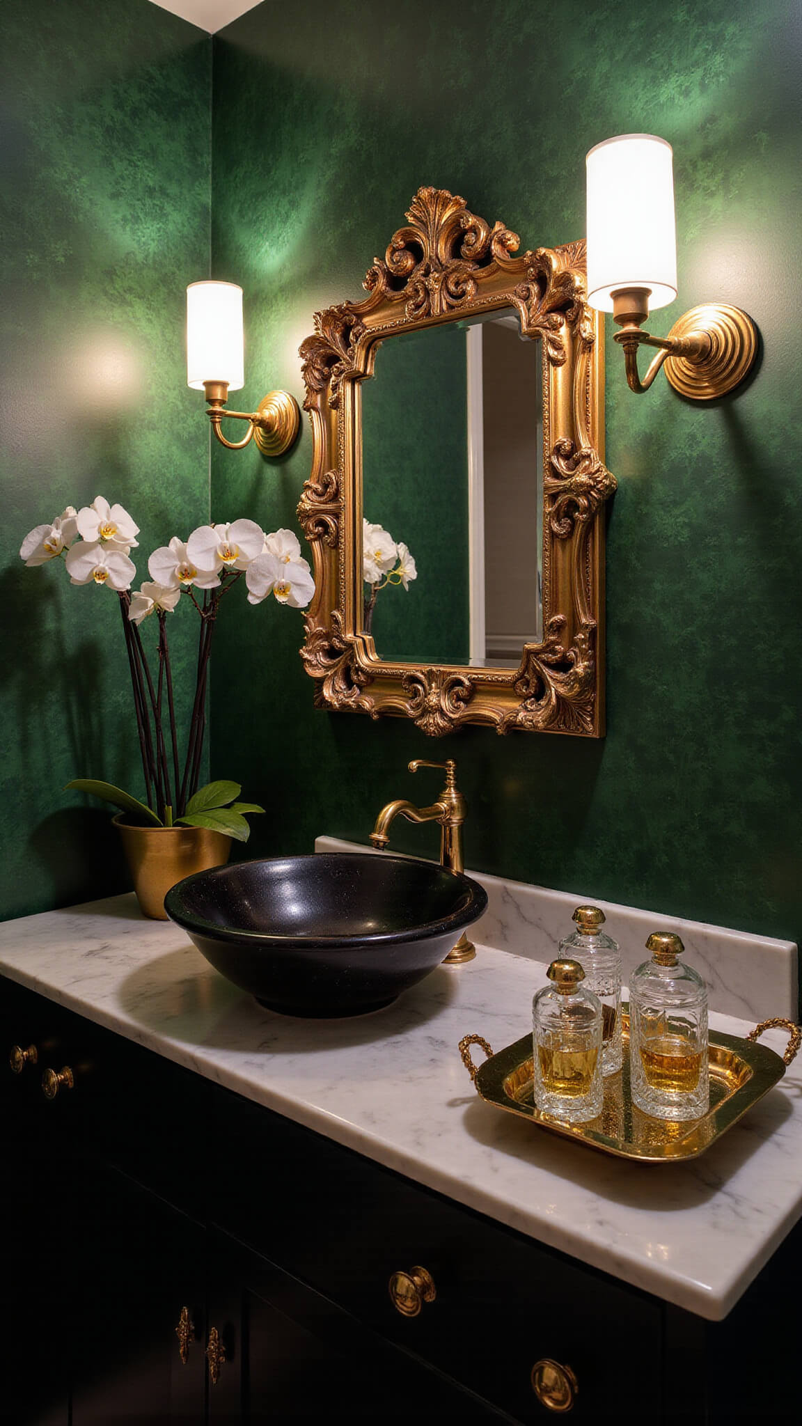 Intimate 6x8ft powder room with emerald botanical wallpaper, gold Baroque mirror, floating marble vanity, black vessel sink, and ambient sconce lighting.