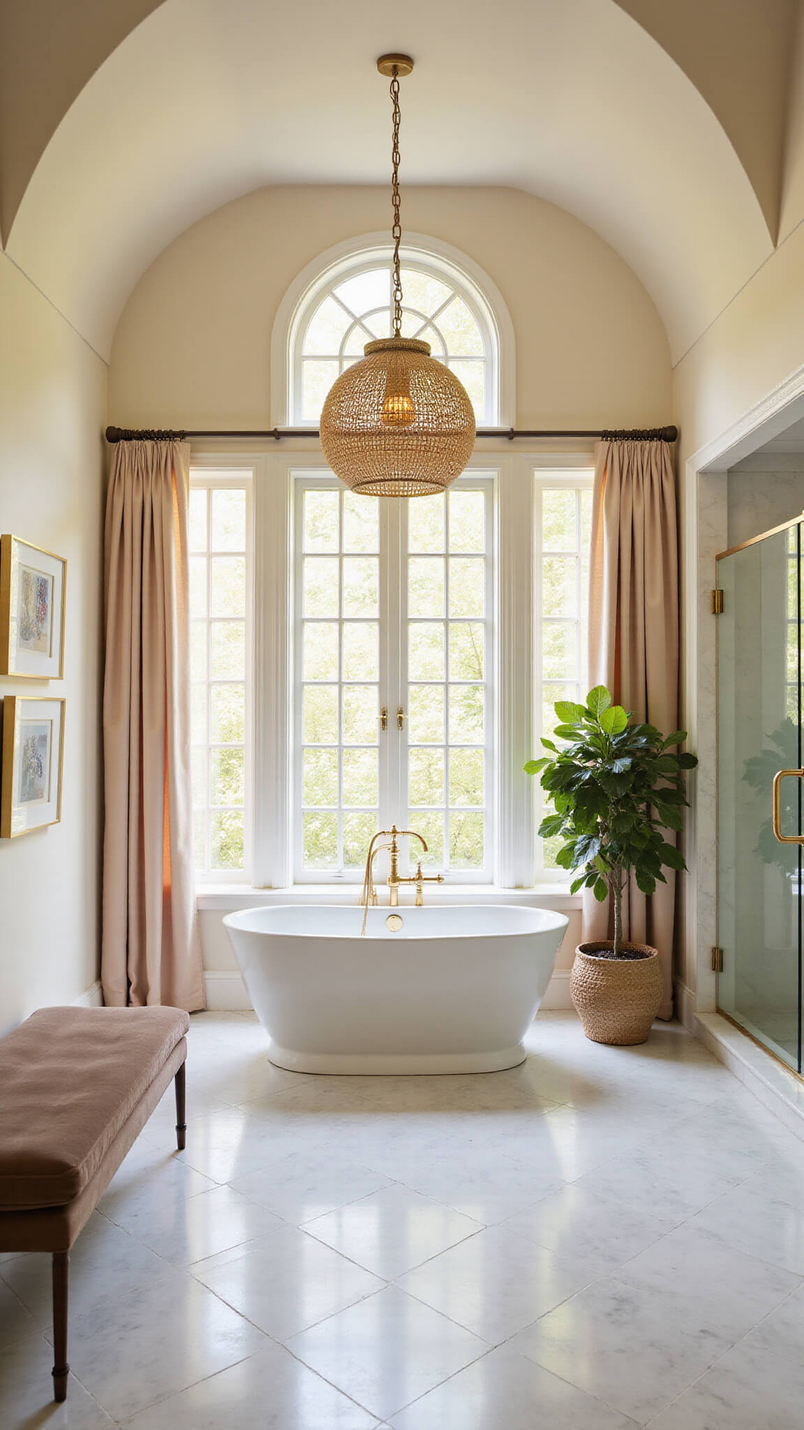 Luxurious master bathroom suite with arched ceiling, golden hour light through tall windows, white soaking tub under gold sputnik chandelier, herringbone marble floor, glass shower with gold trim, and elegant decor in cream, gold, and blush tones.