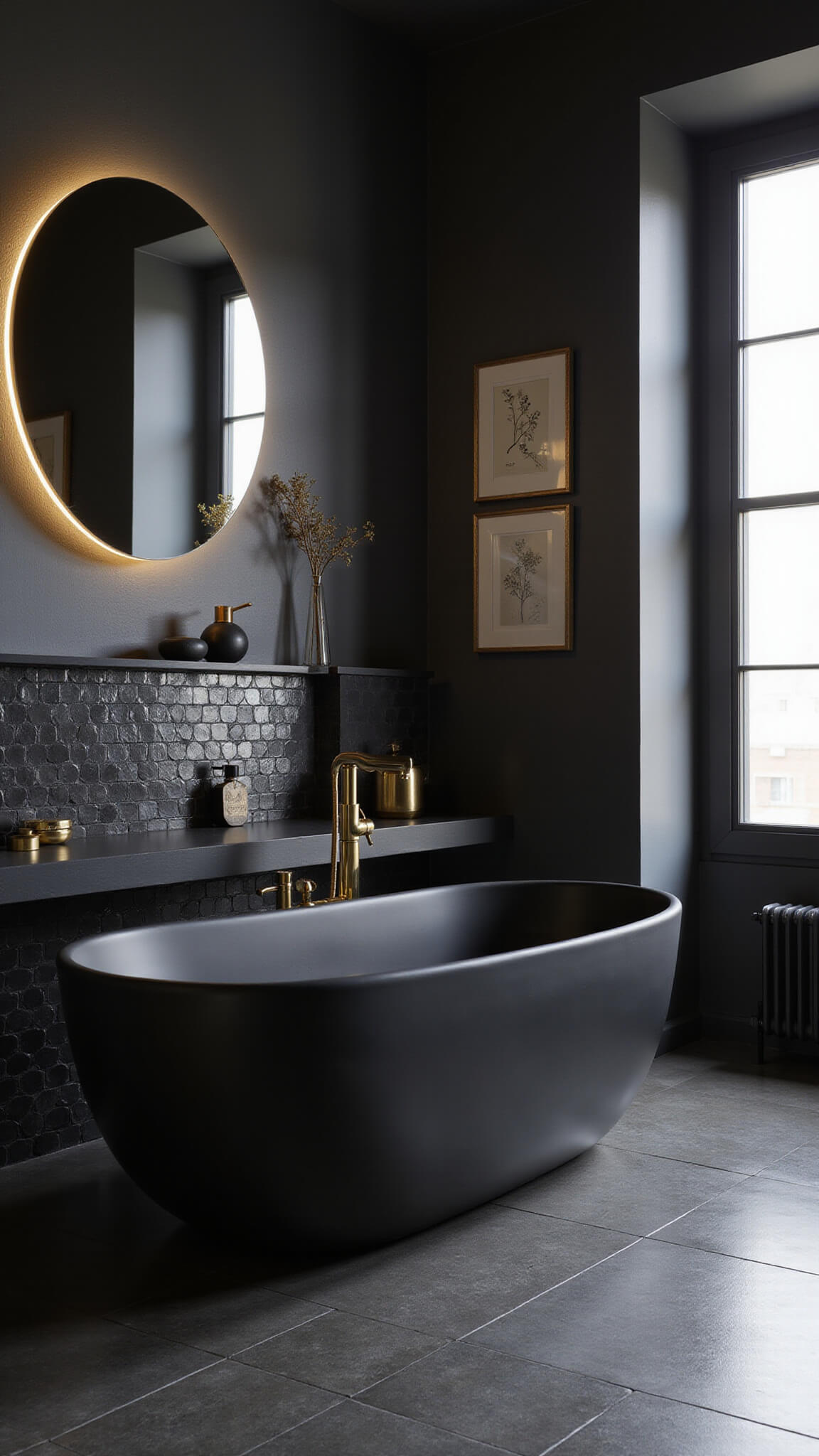 Contemporary 10x12ft spa bathroom with matte black and gold decor, featuring a brushed gold floor-mounted tub filler, black geometric tile accent wall, floating vanity with gold hardware, and backlit round mirror.