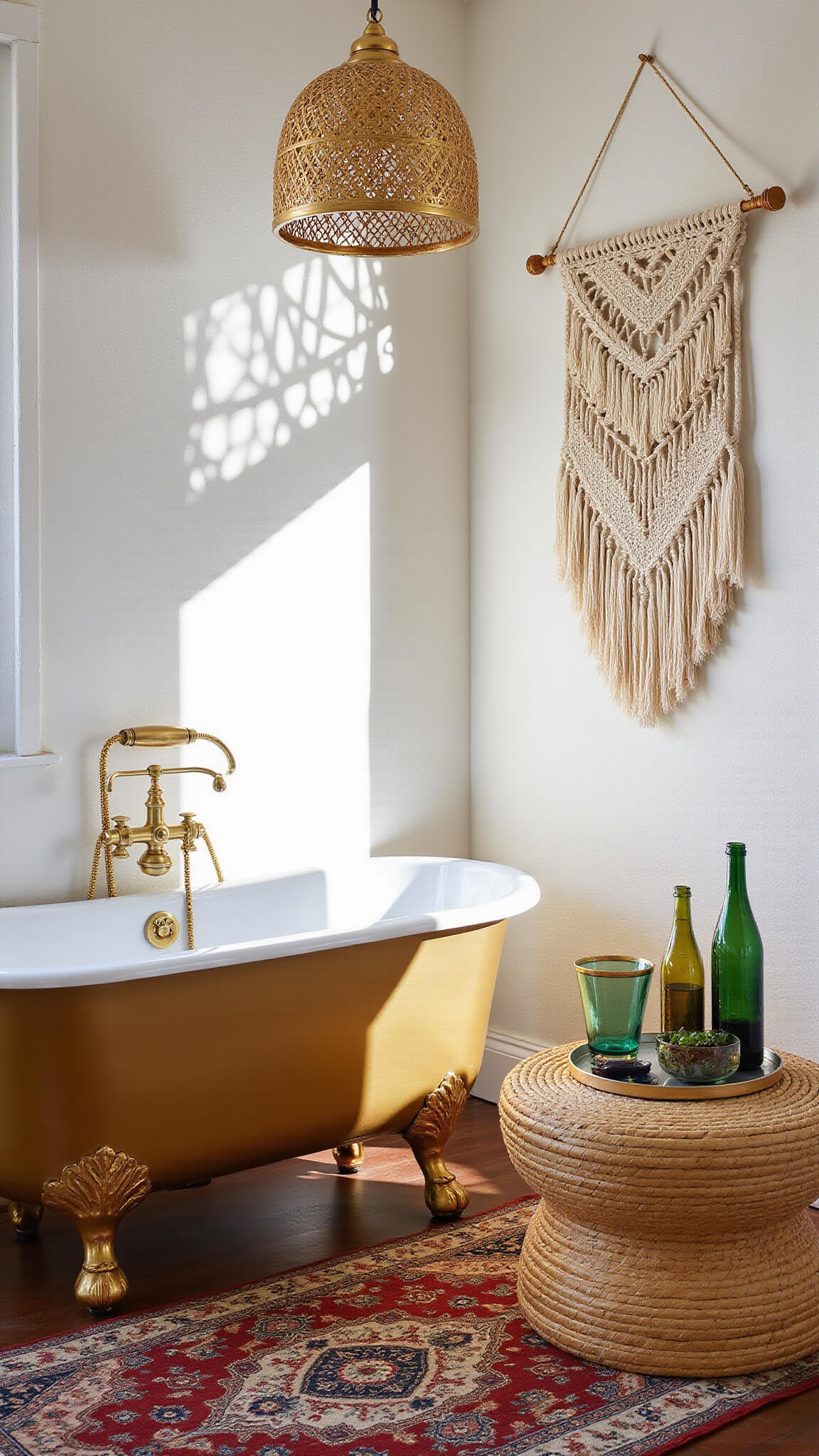 Bohemian luxe bathroom with vintage gold clawfoot tub, textured white wall, Moroccan gold pendant lamp casting patterns, layered vintage rugs, rattan stool with gold accents, gold-dipped macramé hanging, and jewel-toned glass vessels.