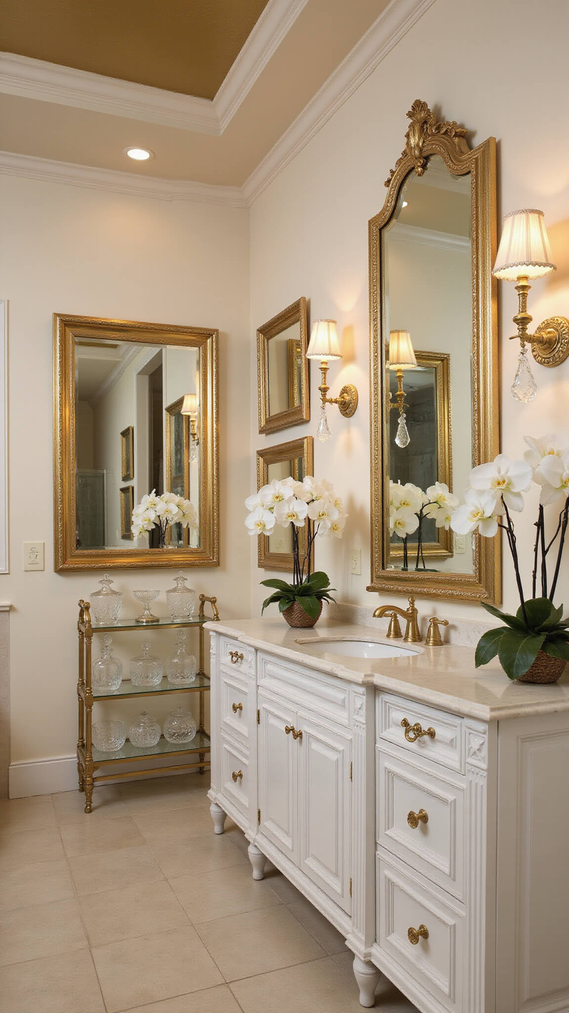 Elegant traditional bathroom with high gold-detailed ceiling, white vanity, marble countertop, crystal sconces, and warm dusk lighting highlighting gold accents.