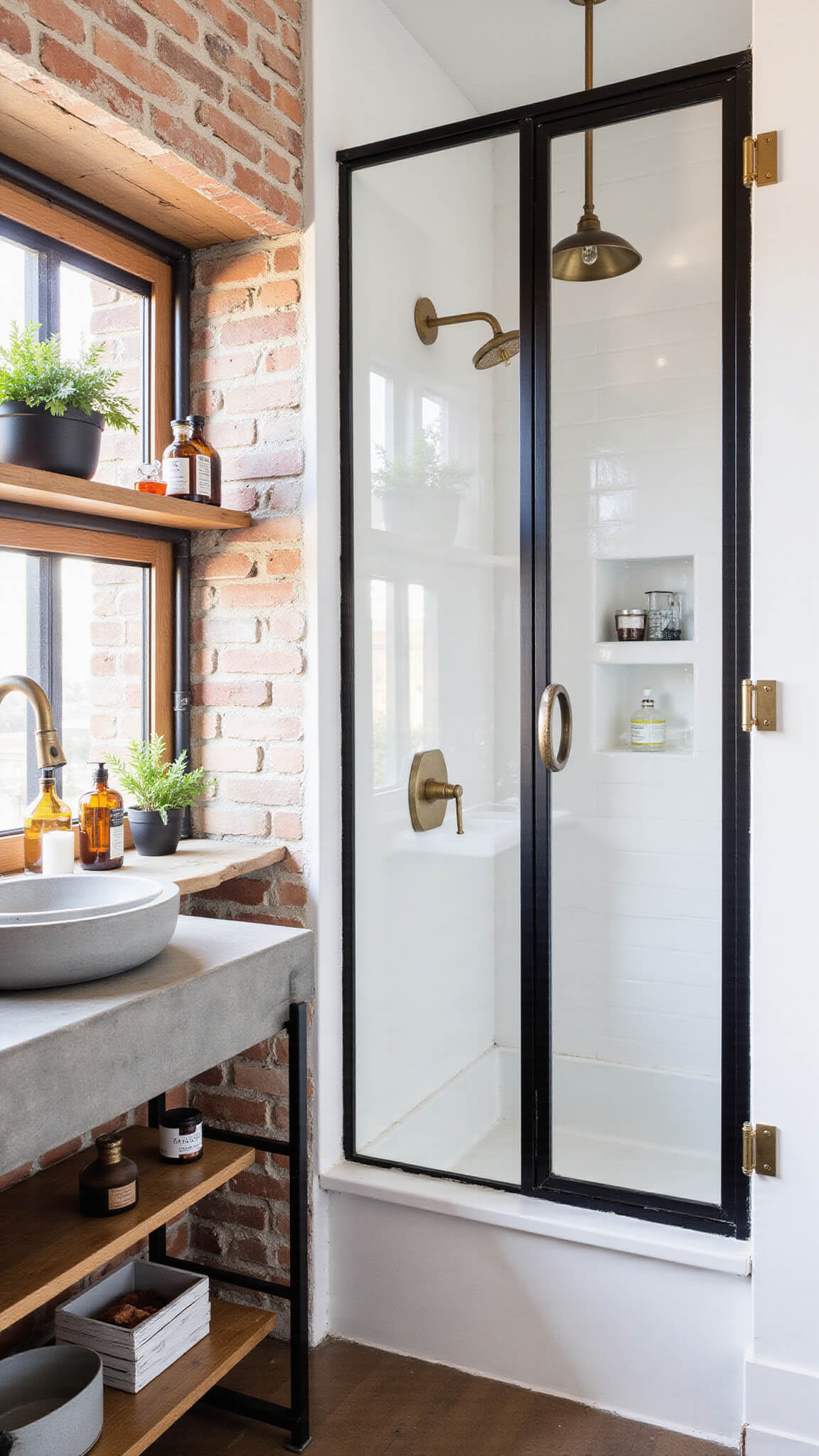 Industrial chic 9x11ft bathroom with white-painted exposed brick, black steel and gold shower, concrete vanity, and matte gold pipe shelving in natural late morning light.