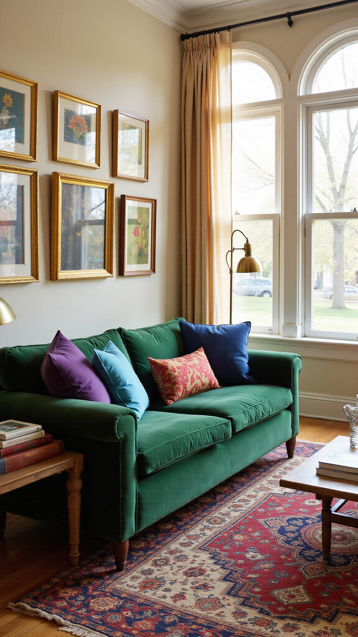 Sunlit living room with emerald velvet sofa, jewel-toned pillows, layered Persian and sisal rugs, vintage gold-framed art, and brass lighting under arched windows and high ceilings.
