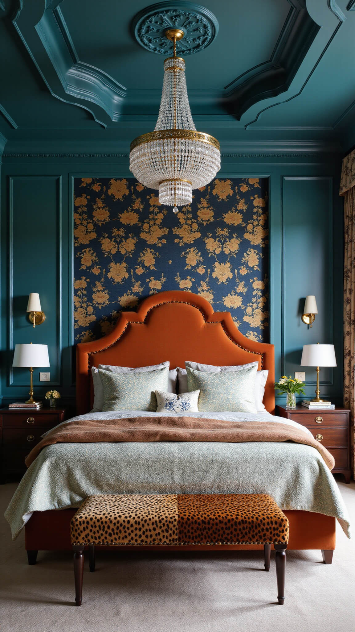 Moody master bedroom with teal tray ceiling, burnt orange tufted headboard, leopard print bench, navy and gold Chinoiserie wallpaper, brass sconces, and layered floral and geometric bedding.