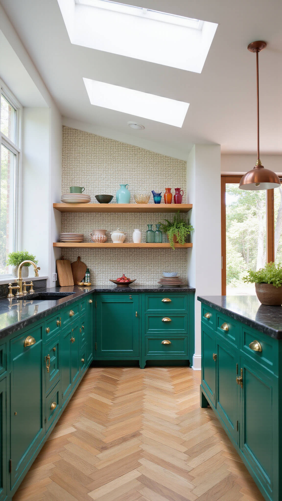 Spacious kitchen with emerald green cabinets, brass hardware, black marble countertops, herringbone wood floors, copper open shelving, and geometric gold, white, and black tile backsplash under a 10ft white ceiling.