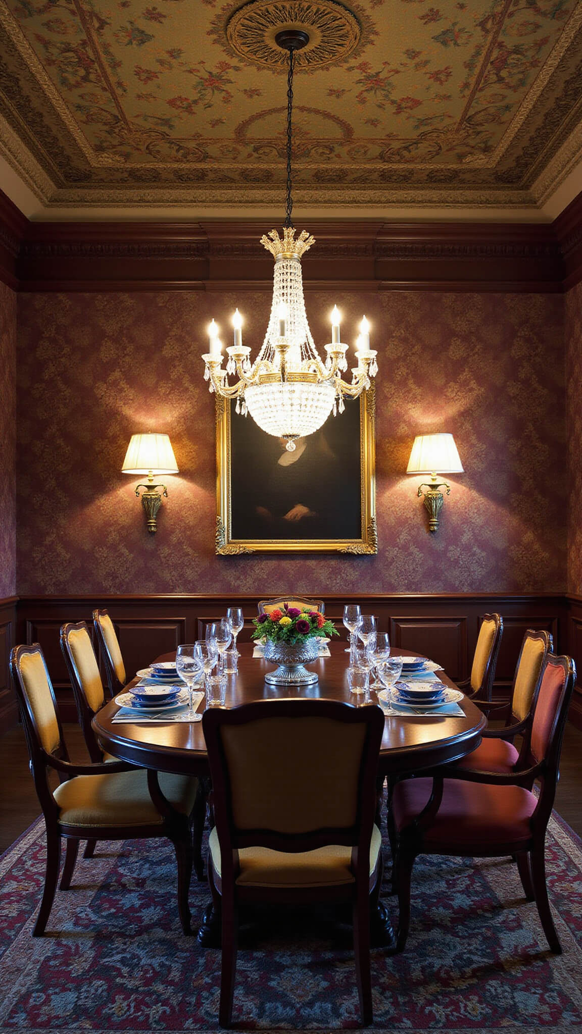 Victorian-style dining room with ornate crown molding, jewel-toned velvet chairs around a dark mahogany oval table, dramatic floral wallpaper, and a crystal chandelier casting light during blue hour.
