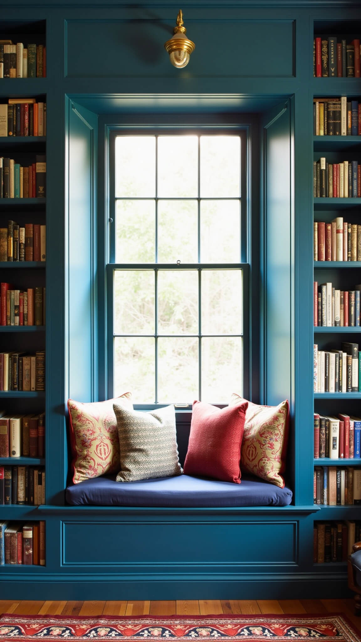 Cozy bay window reading nook with peacock blue built-in seat, brass sconces, vibrant cushions, floor-to-ceiling bookshelves, and vintage red Persian rug in morning light.