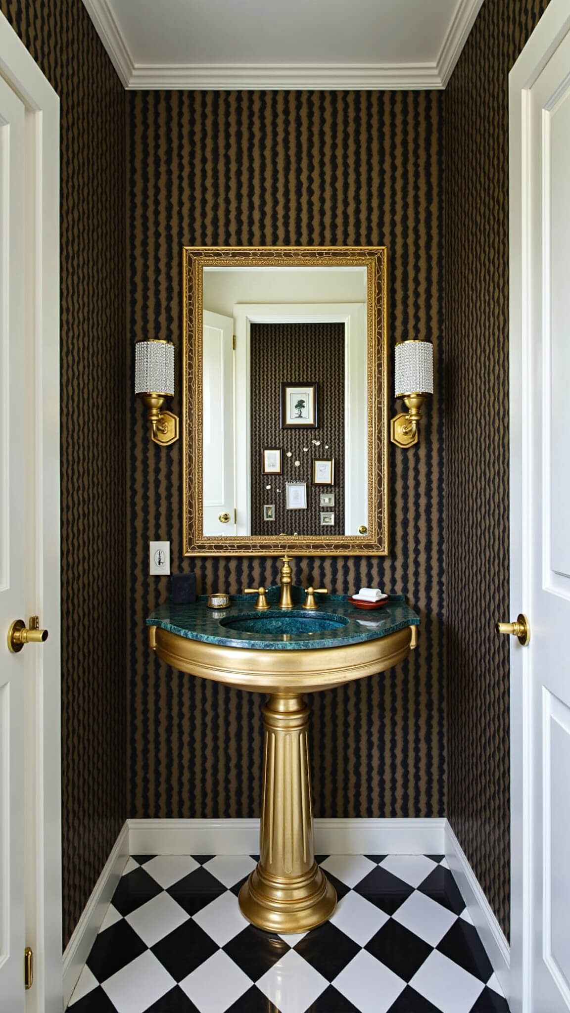 Art Deco powder room with black and gold geometric wallpaper, brass vanity with green marble top, gilt mirror, crystal sconces, gallery wall art, and black-and-white checkered floor.