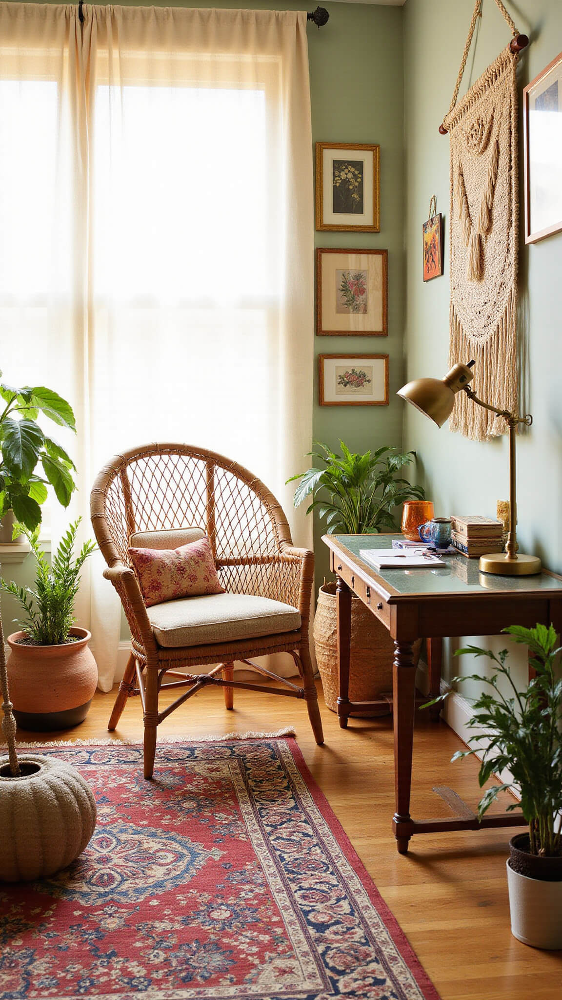 Bohemian home office with rattan peacock chair, glass-top desk, vintage kilim rug, macramé wall hanging, botanical prints, and potted plants in golden hour light.