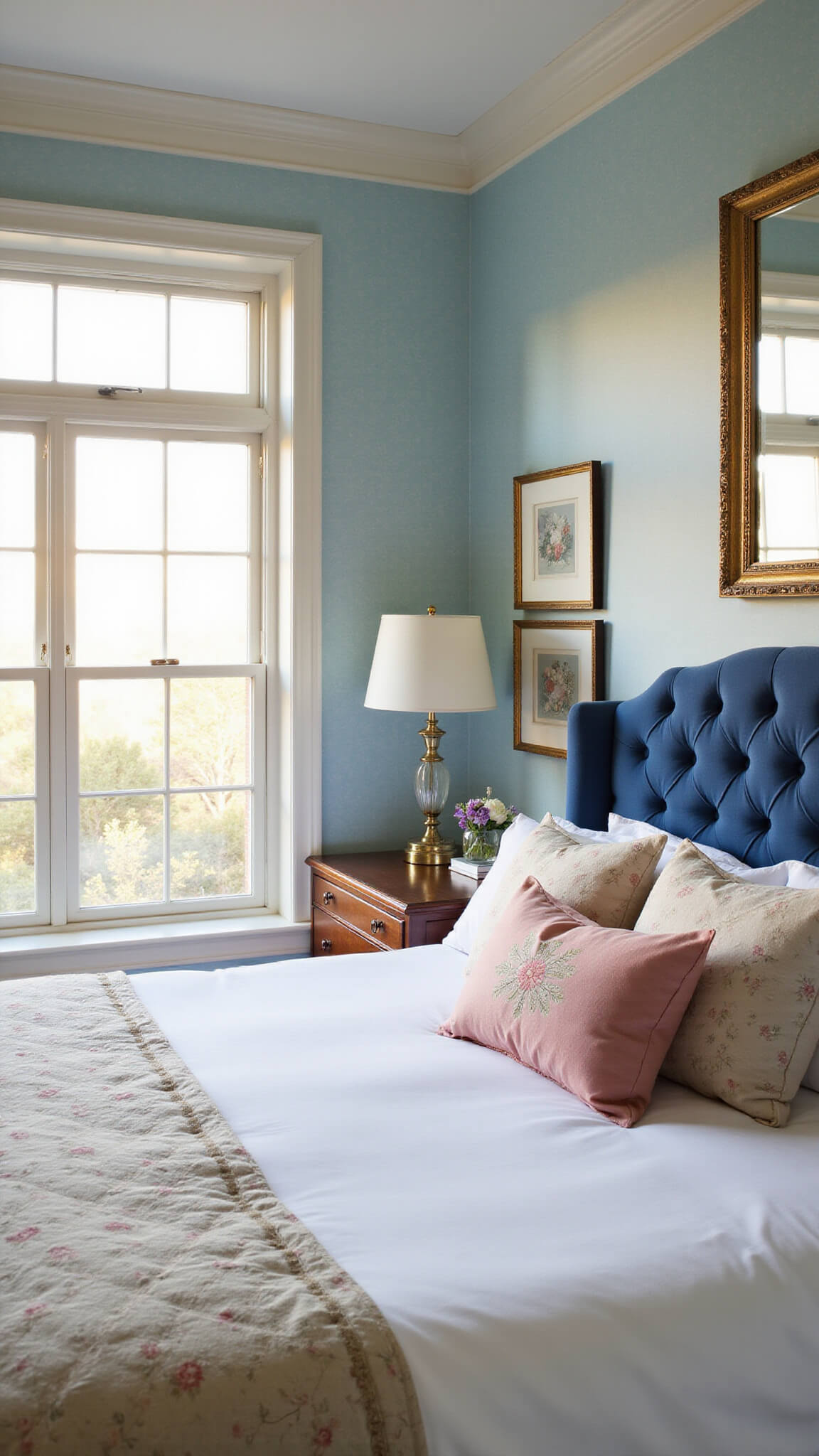 Sunlit bedroom with blue-tufted queen bed, floral bedding, chinoiserie wallpaper, and brass mirror above mahogany dresser at golden hour.