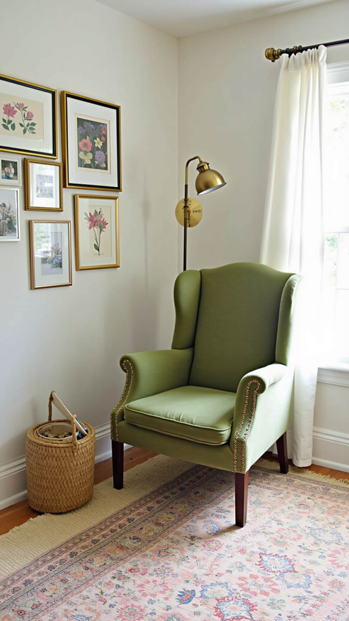 Vintage sage velvet wingback chair in cozy bedroom reading nook with brass floor lamp, gold-framed gallery wall, and Persian rug in soft natural light.