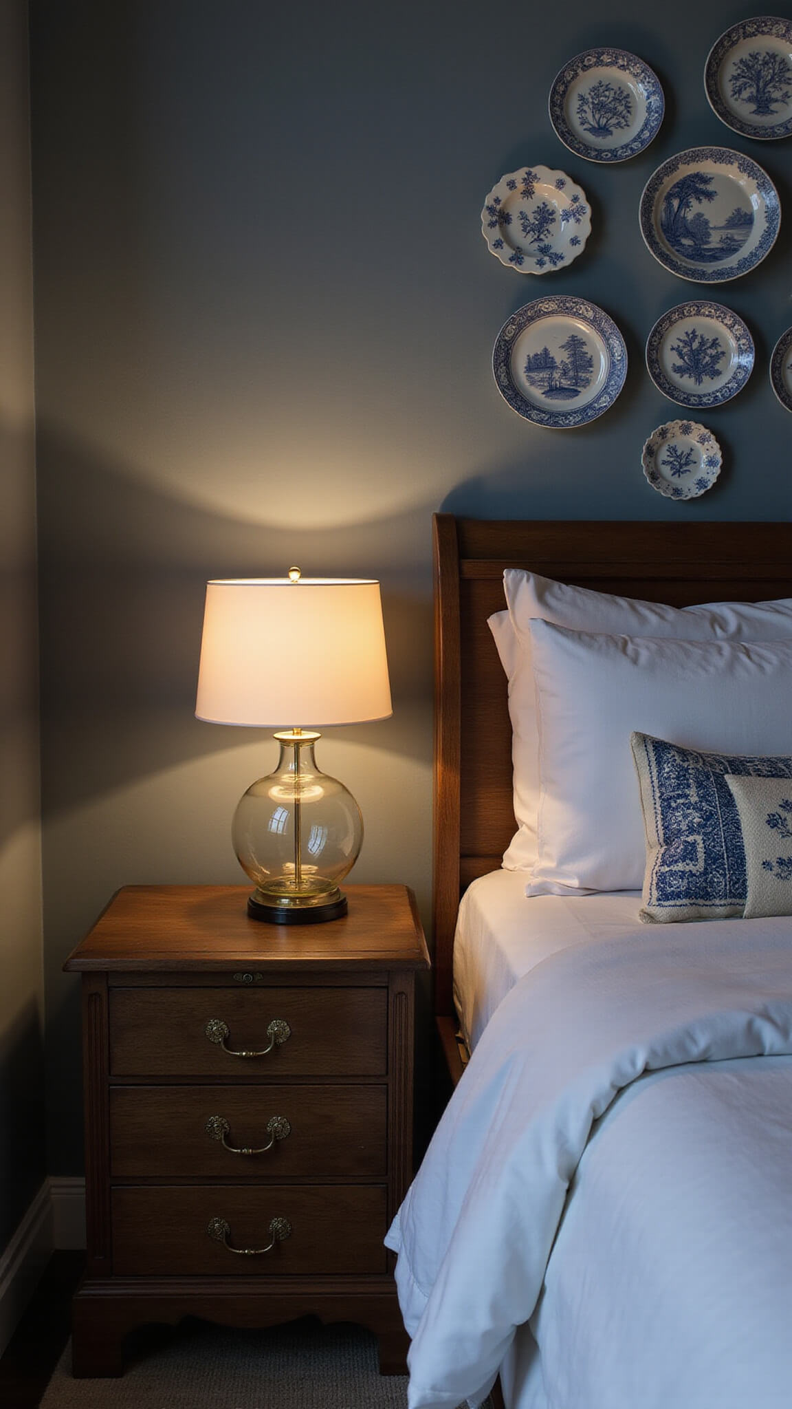 1920s dresser with brass hardware beneath blue-and-white porcelain plate wall display, warmly lit by mercury glass lamp in moody bedroom at dusk.