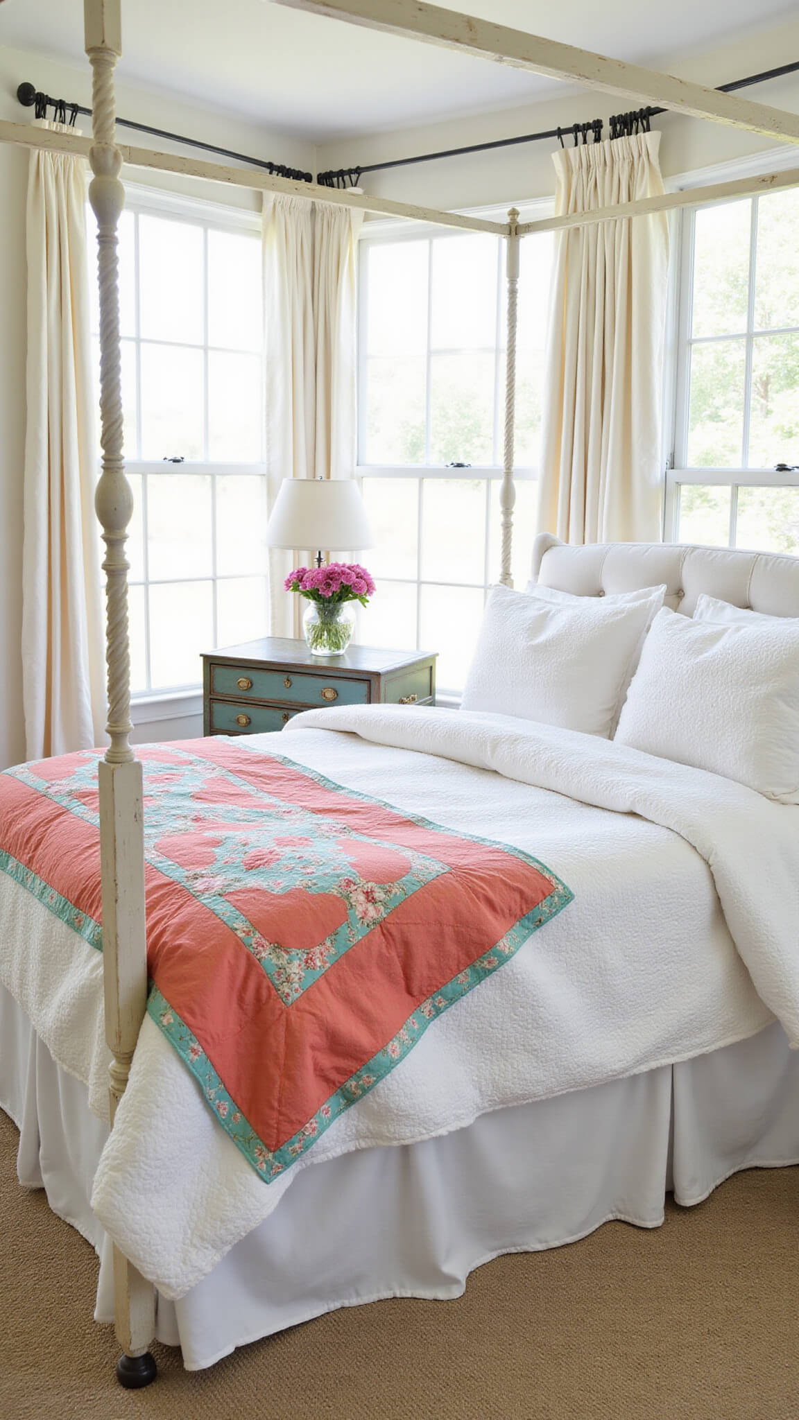 Canopy bed with white eyelet linens and vintage coral and mint quilt in sunlit corner bedroom with ruffled curtains and painted bamboo chest, viewed from above.