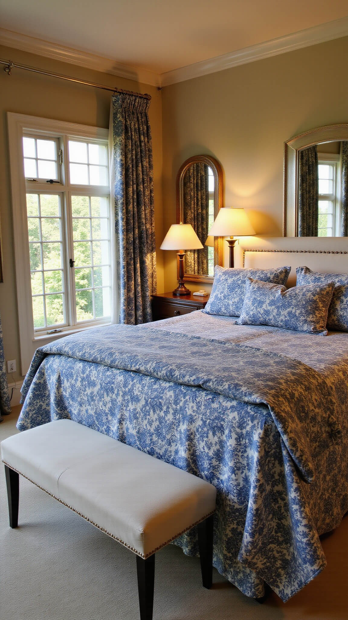 Evening bedroom with crystal sconce lighting, navy and white toile bedding, cream bench, chintz curtains, leaded glass windows, and silver mirrors at golden hour.