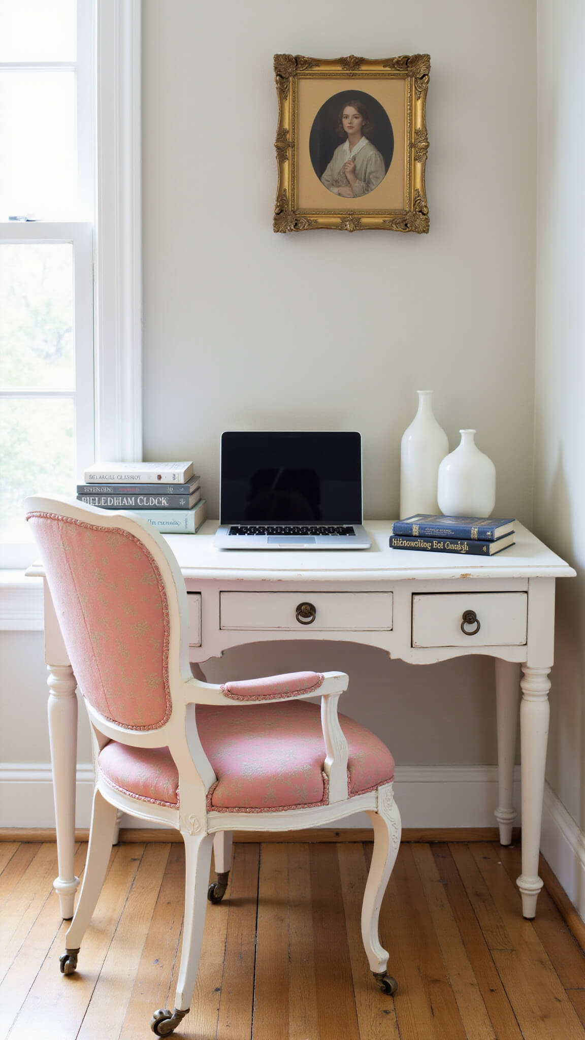 Victorian-style chair with rose damask upholstery at white writing desk, adorned with vintage books, milk glass vases, and a laptop, bathed in soft morning light.