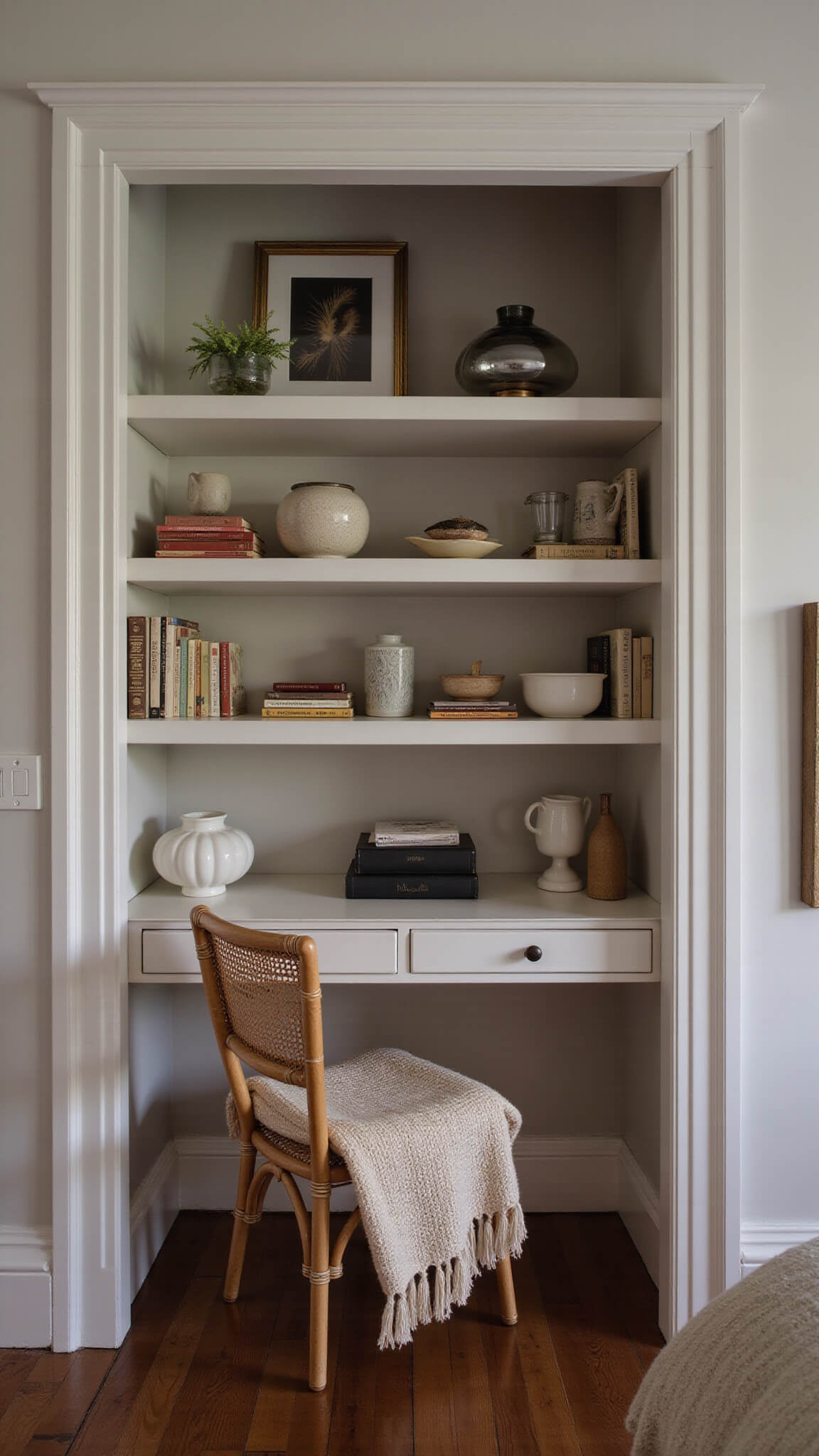 Cozy bedroom alcove at twilight with built-in bookshelves, rattan chair, hand-knit throw, and warm lighting.