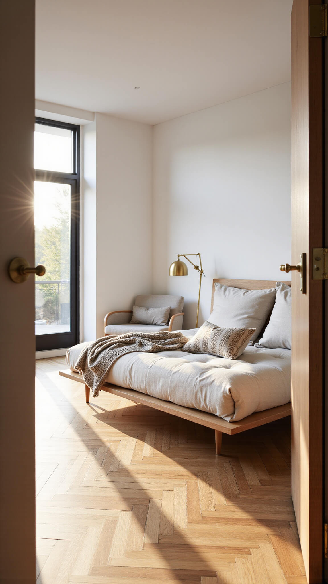 Modern sunlit master bedroom with an ivory tufted chaise lounge, platform bed, brass accents, and oak herringbone floors.