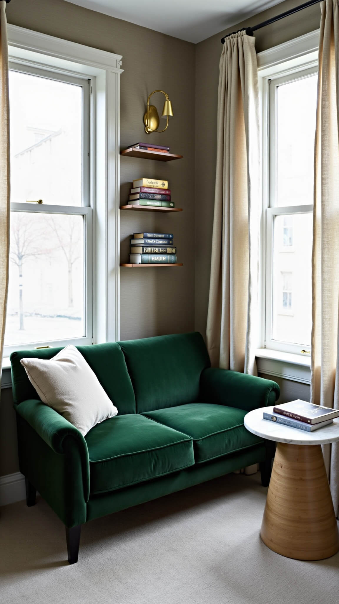 Deep green velvet loveseat in a cozy bedroom nook beneath colonial windows with sheer curtains, brass sconces, floating shelves, and marble side table, set against warm grey grasscloth wallpaper.