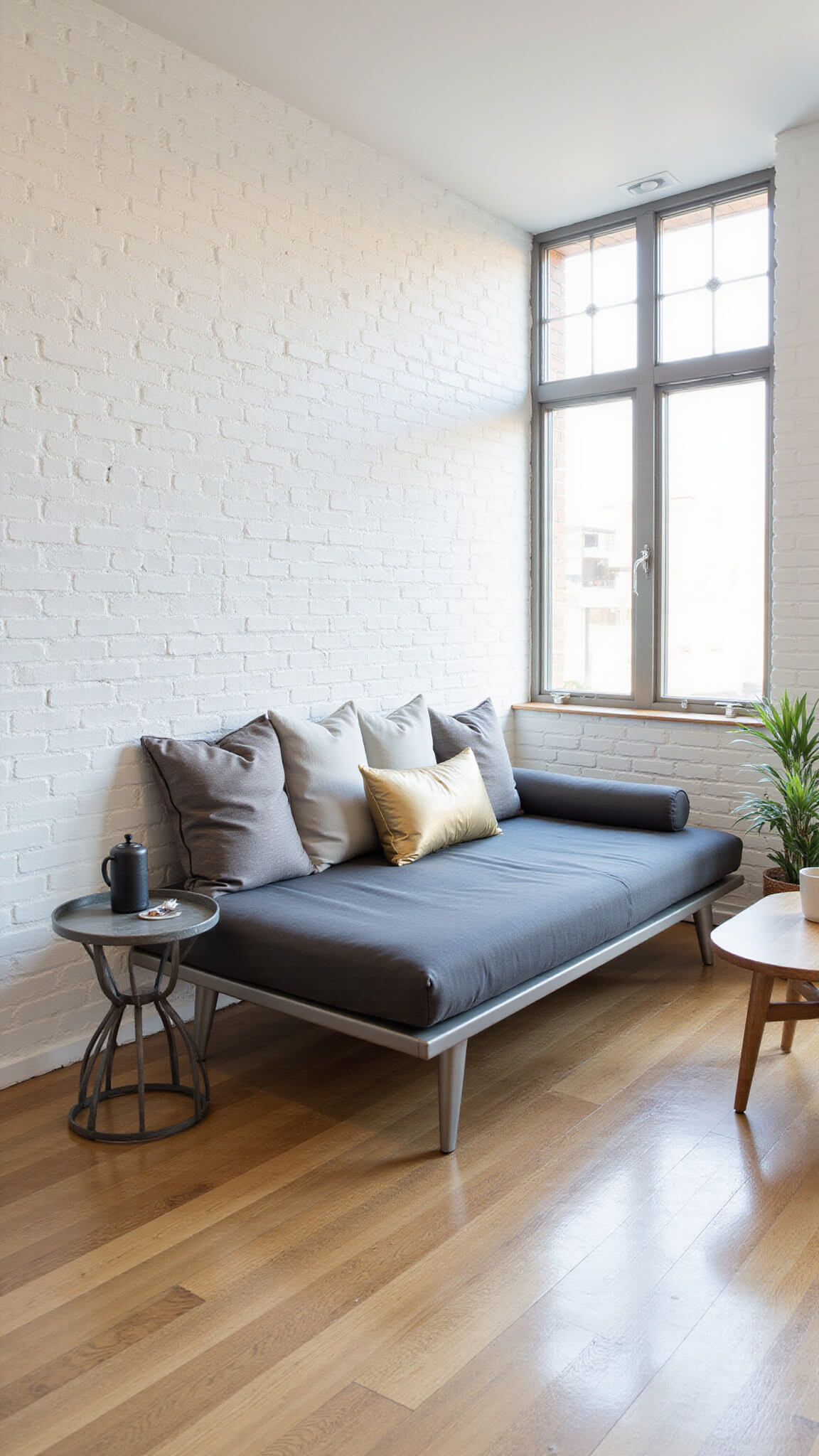 Contemporary studio with charcoal grey daybed, metallic pillows, white brick wall, modern art, and light oak flooring in bright natural light.