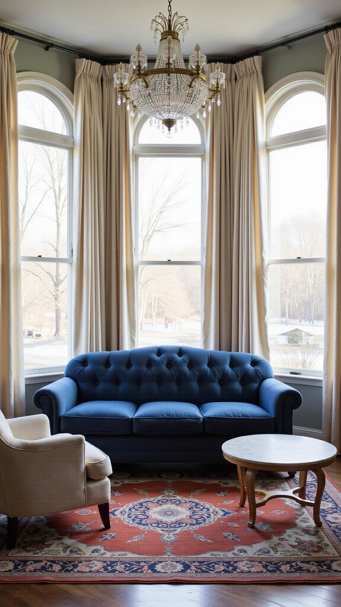 Tufted navy velvet sofa in elegant traditional bedroom with arched windows, Persian rug, crystal chandelier, and soft afternoon light.