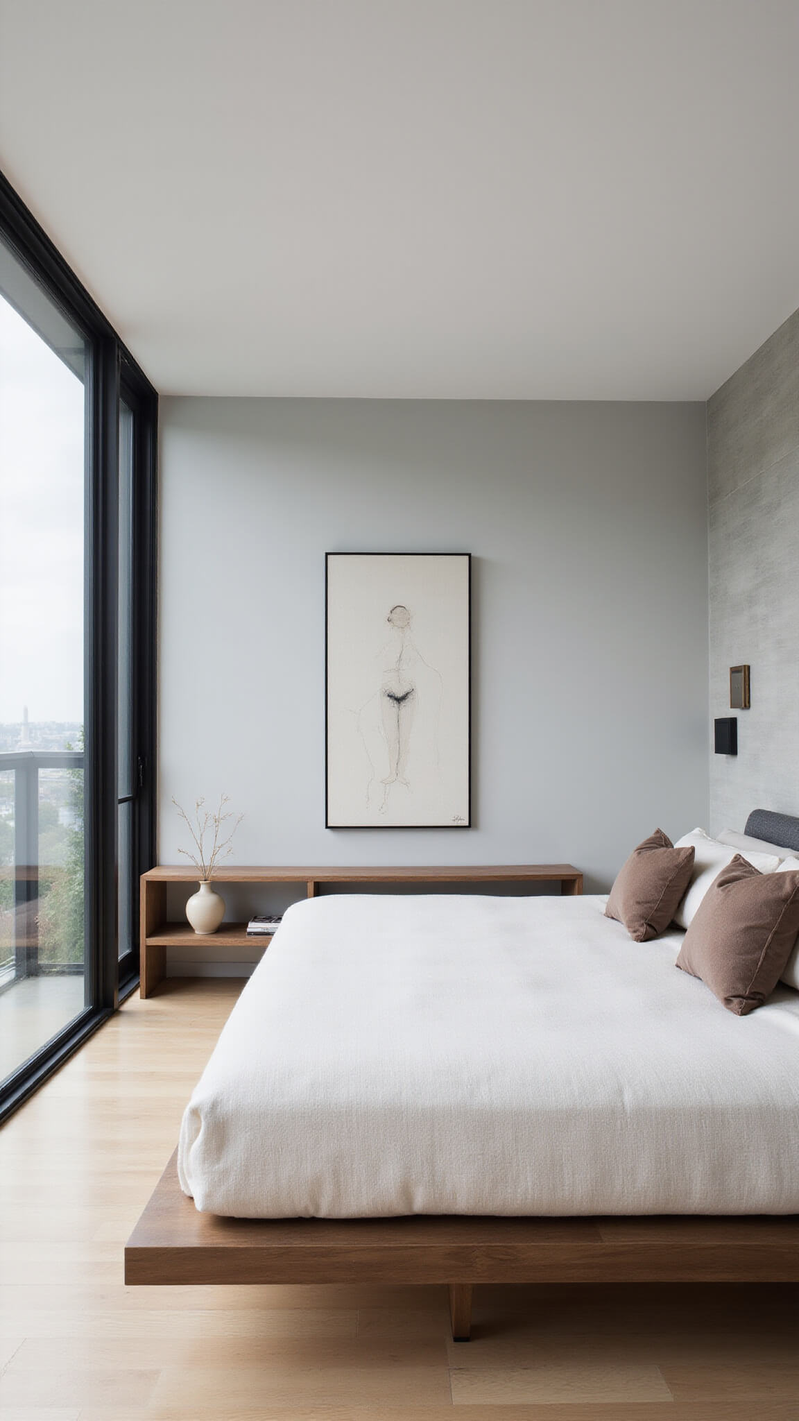Minimalist primary bedroom with cream bouclé settee, platform bed, pale grey walls, light oak floors, and black steel windows in soft dawn light.