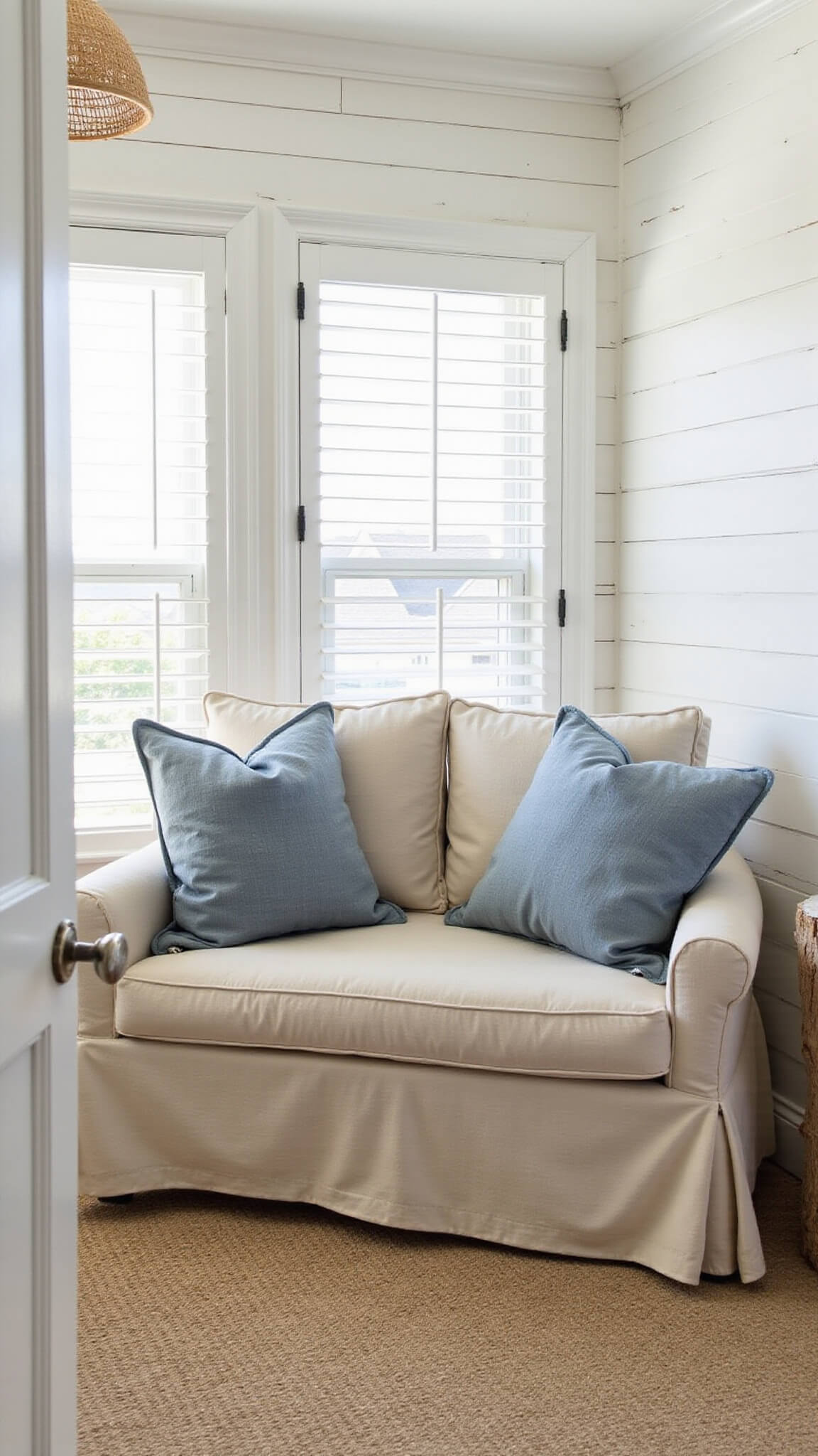 Coastal bedroom reading nook with beige slipcovered loveseat, blue-grey pillows, driftwood table, and woven pendant in bright, window-lit corner with white shiplap walls.