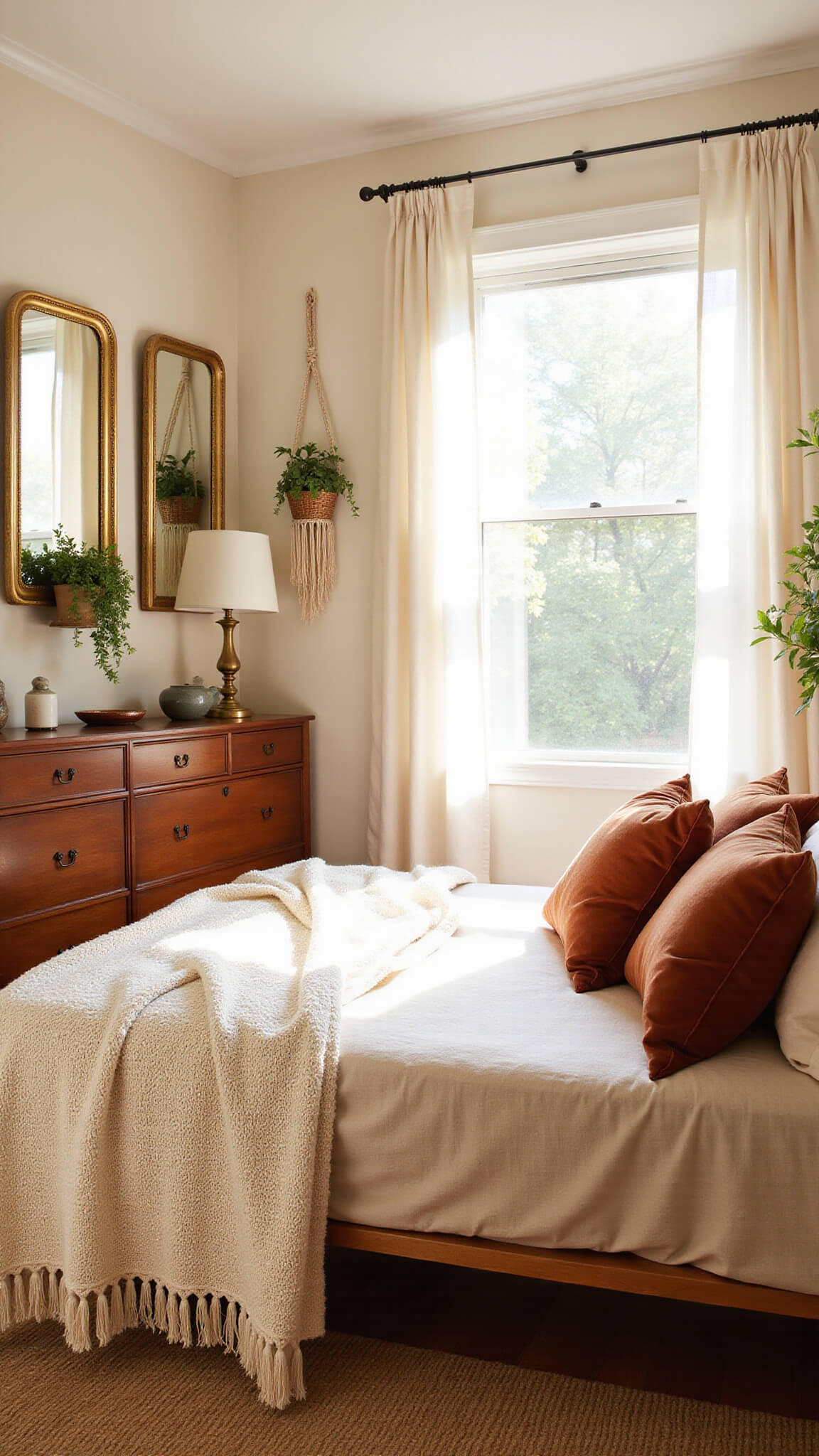Sunlit boho bedroom with earth-toned bedding, vintage teak dresser, hanging plants, and morning light through sheer curtains.