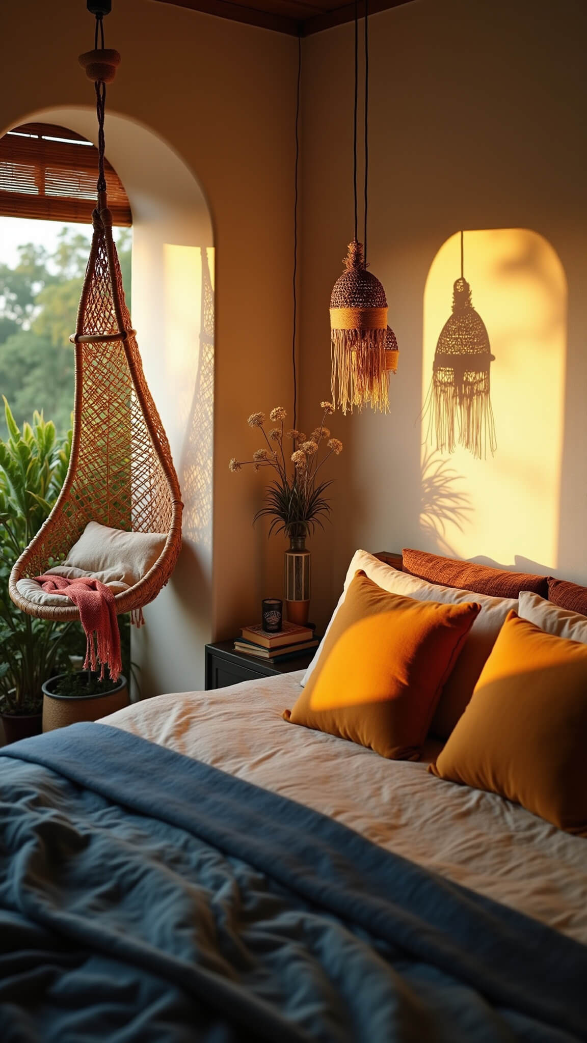 Boho bedroom at golden hour with warm light casting shadows through Moroccan lanterns, featuring a rattan hanging chair, mudcloth textiles, and layered pillows in a cozy, textured space.