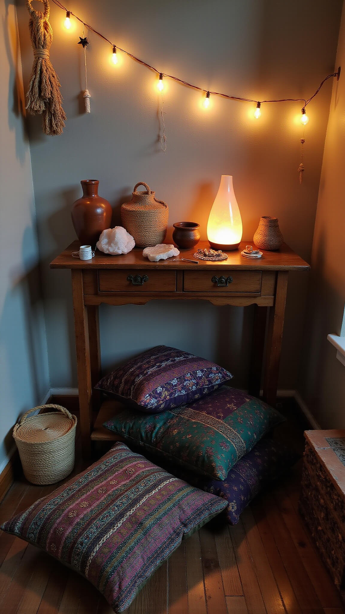 Cozy bedroom corner at dusk with warm string lights, vintage side table, salt lamp, tribal floor cushions, and personal decor items.