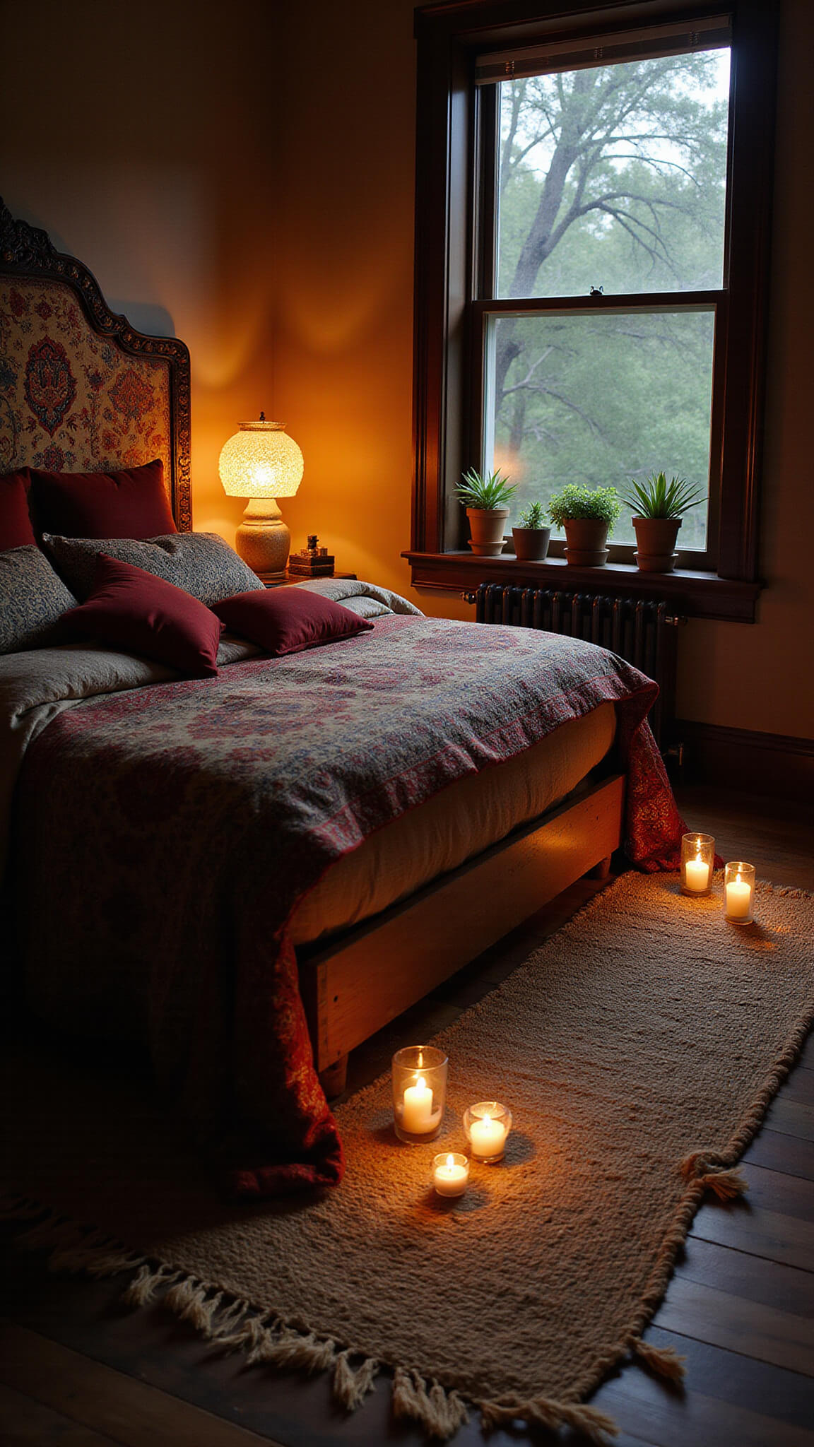 Twilight-lit bedroom with candles and Moroccan lamp, jute rug layered with Persian runners, tapestry headboard bed adorned with velvet and silk pillows, and succulents on sun-bleached windowsills.